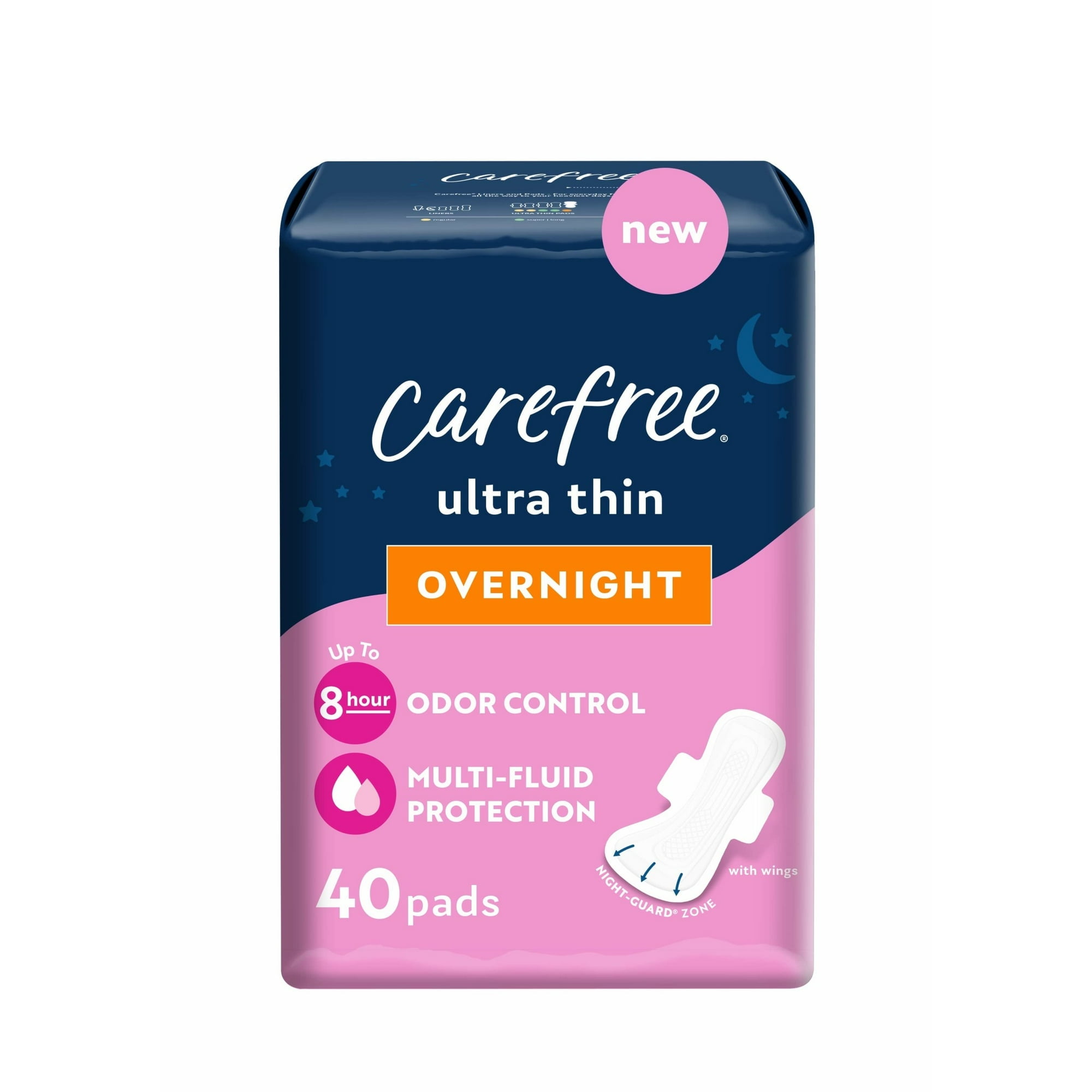 CAREFREE® Ultra Thin Overnight Pads With Wings, 40 Count, Multi-Fluid Absorption, Protection For Up To 10 Hours (Pack of 2) Carefree