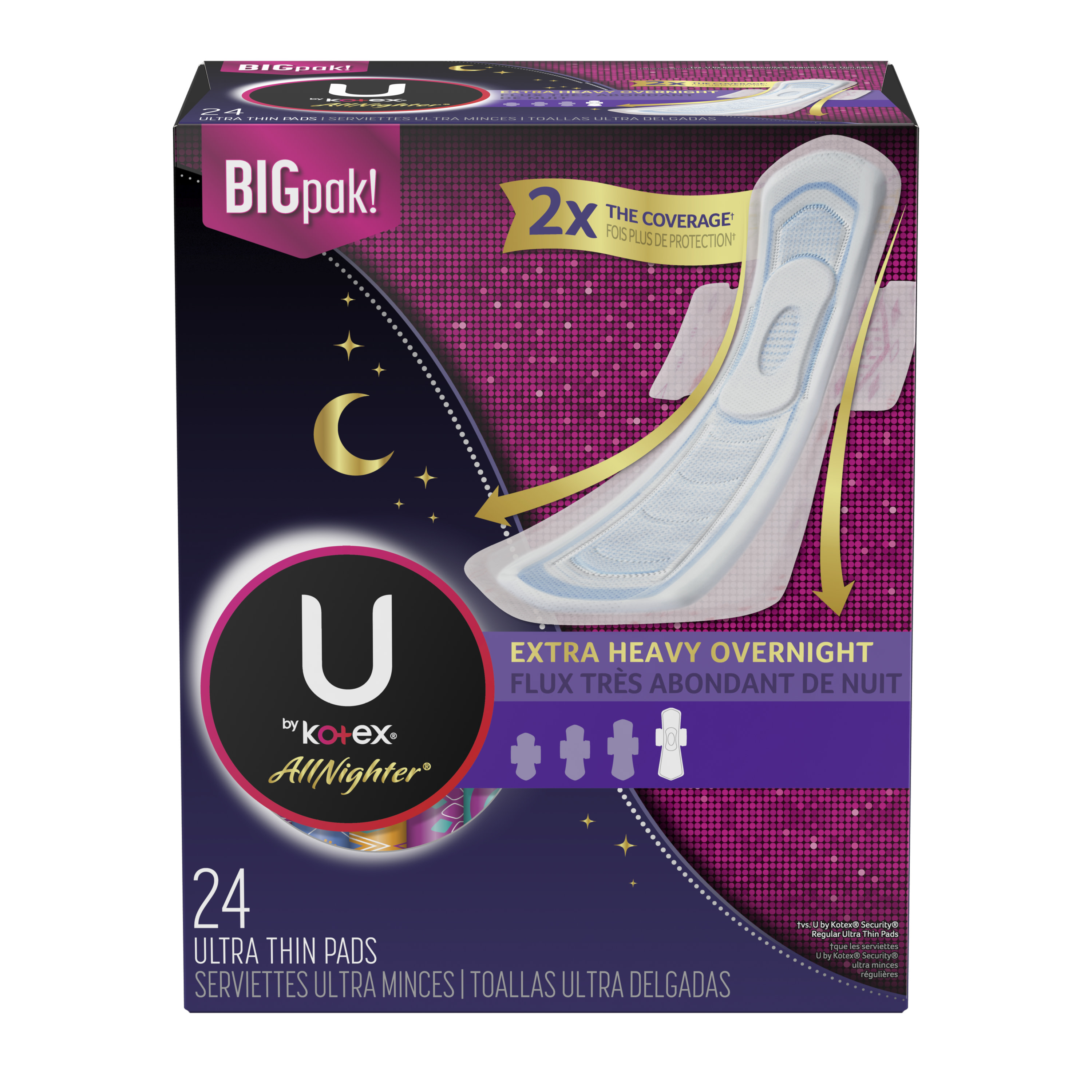 Kotex U AllNighter Ultra Thin Overnight Pads with Wings, Extra Heavy Flow, Unscented, 24 Count Kotex