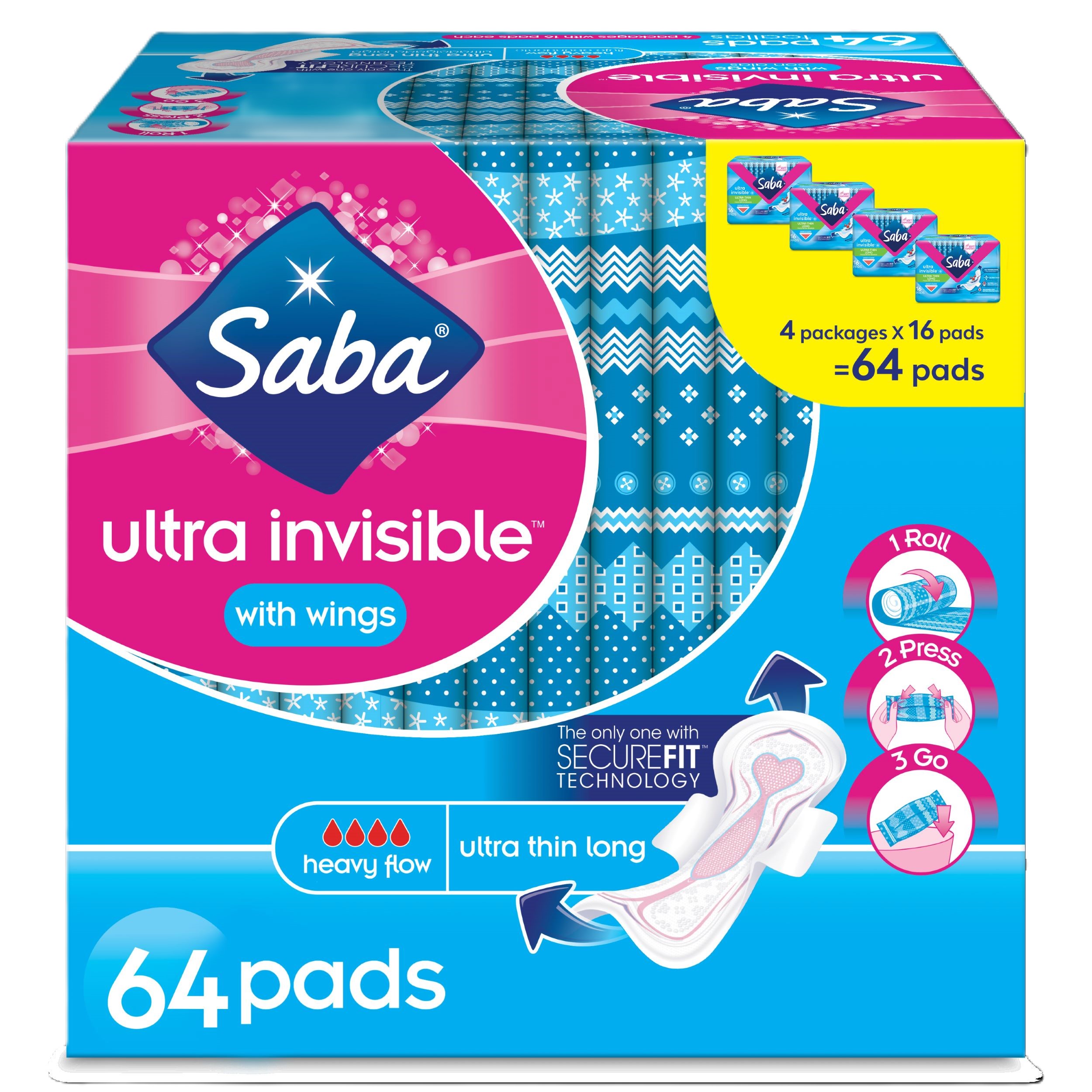 Saba Ultra Invisible Ultra Thin Long Pads with Wings, for Heavy Flow with Ultrabsorb Technology, for Fast Absorption and SecureFit Technology, 64 Feminine Pads SABA