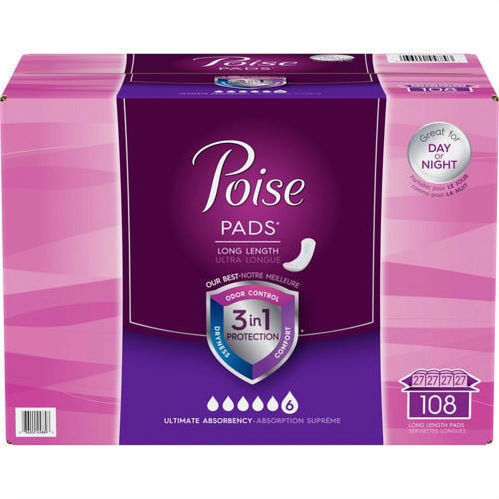 POISE Ultimate Absorbency Long Length Pads 108 ct For Day Time or Night Time Use Poise