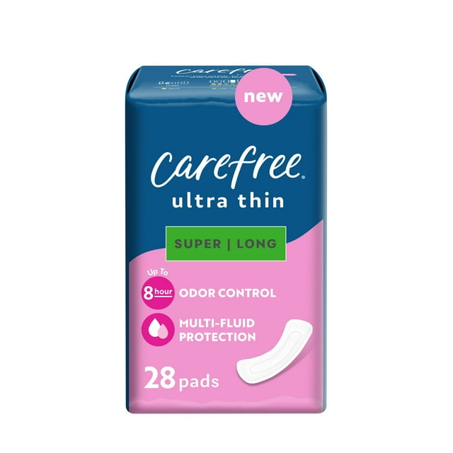 CAREFREE® Ultra Thin Super Long Pads Without Wings, 28ct, Multi-Fluid Protection For Up To 8 Hours, With Odor Neutralizer Carefree