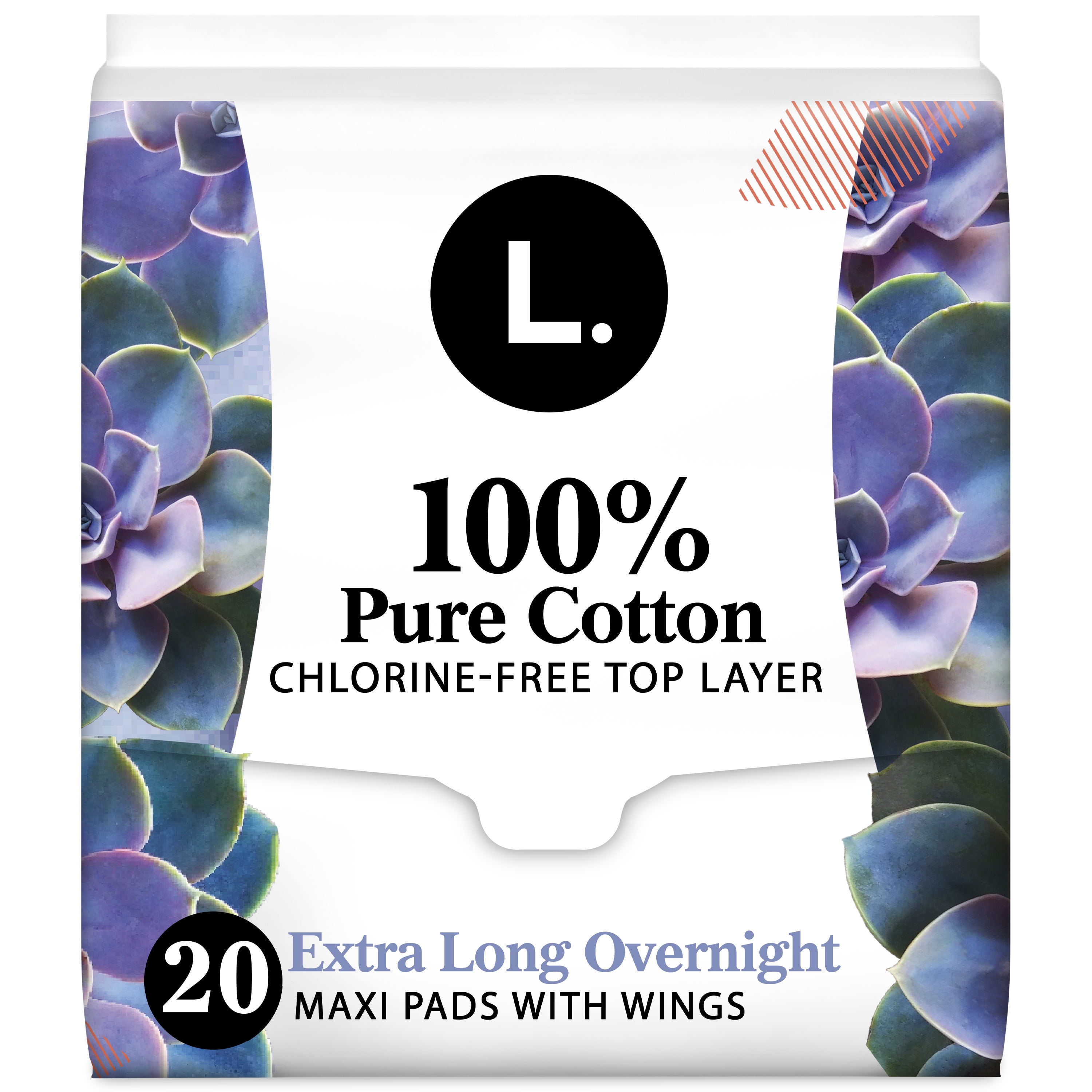 L. Chlorine Free Maxi Extra Long Overnight Pads with Wings, 20 Count L.