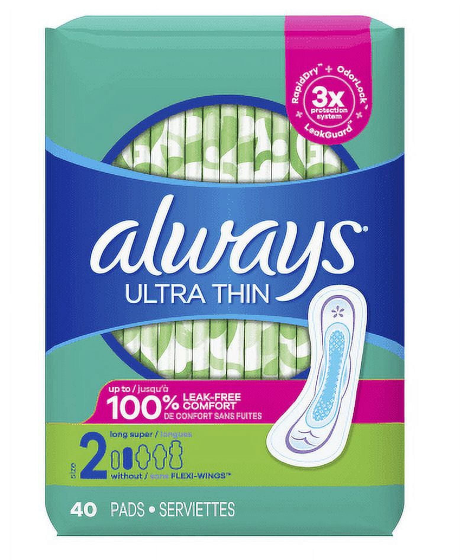 Always Ultra Thin Pads Long without Wings Unscented, Size 2, 40 ea Visit the Always Store