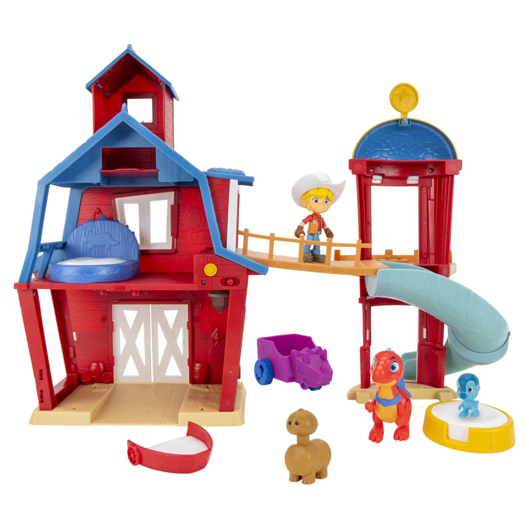 Dino Ranch Clubhouse, Large 12-Inch Playset with Lights & Sound, Features Silo with Slide, Bridge, Extendable Room, 1 Dino Rancher, 2 Dinos - Toys for Kids - Your Favorite Pre-Westoric Ranchers ONLINE