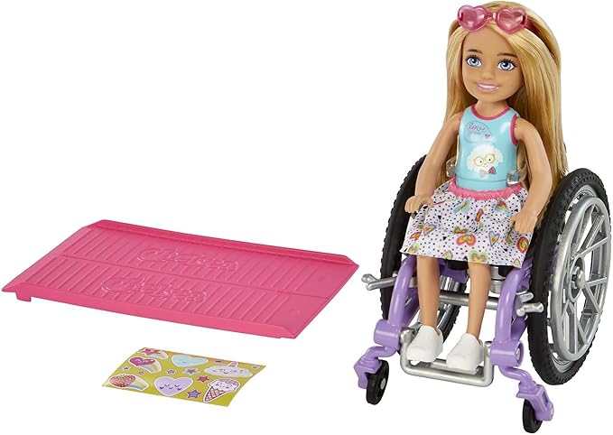 Barbie Chelsea Doll & Wheelchair with Moving Wheels, Ramp, Sticker Sheet & Accessories, Small Doll with Blonde Hair Barbie