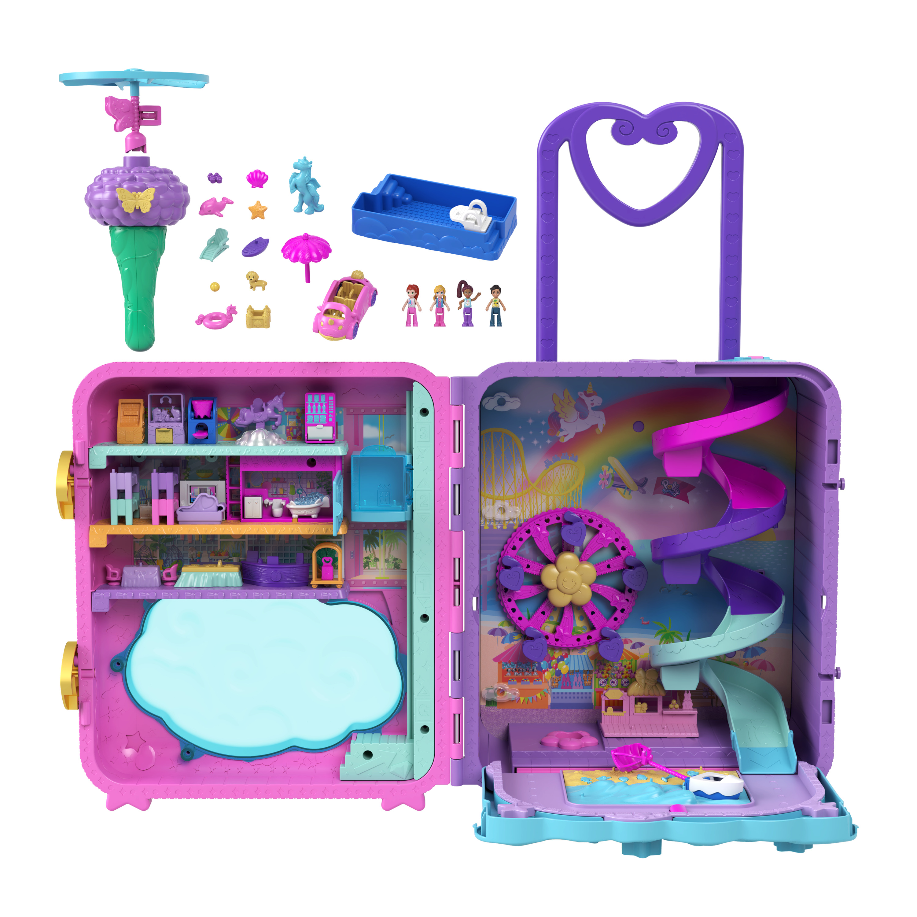 Игровой набор Pollyville Resort Roll Away: 4 куклы, 1 транспорт, более 25 аксессуаров Polly Pocket