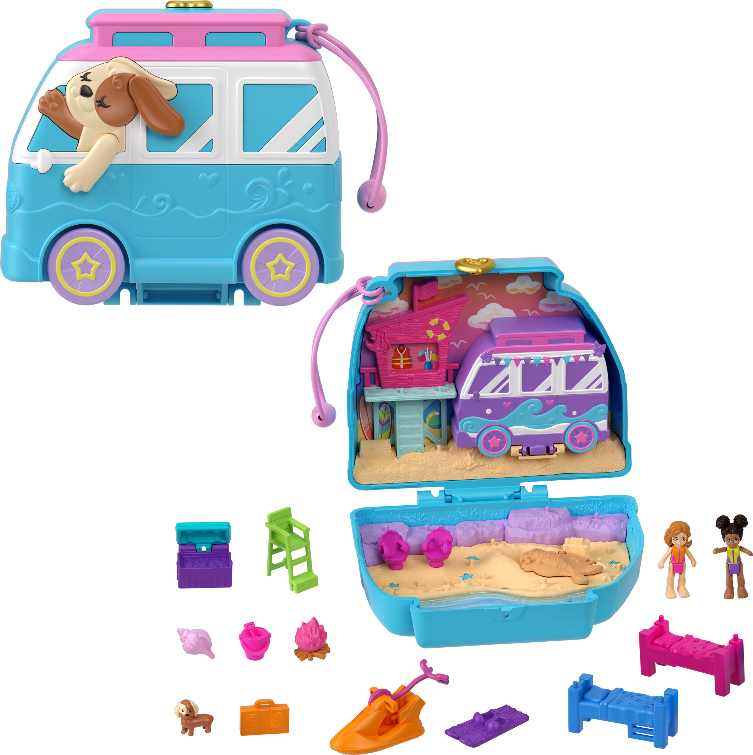 Polly Pocket Dolls and Seaside Puppy Pet Ride Compact Playset with Fidget Exterior, 2 Micro Dolls Polly Pocket