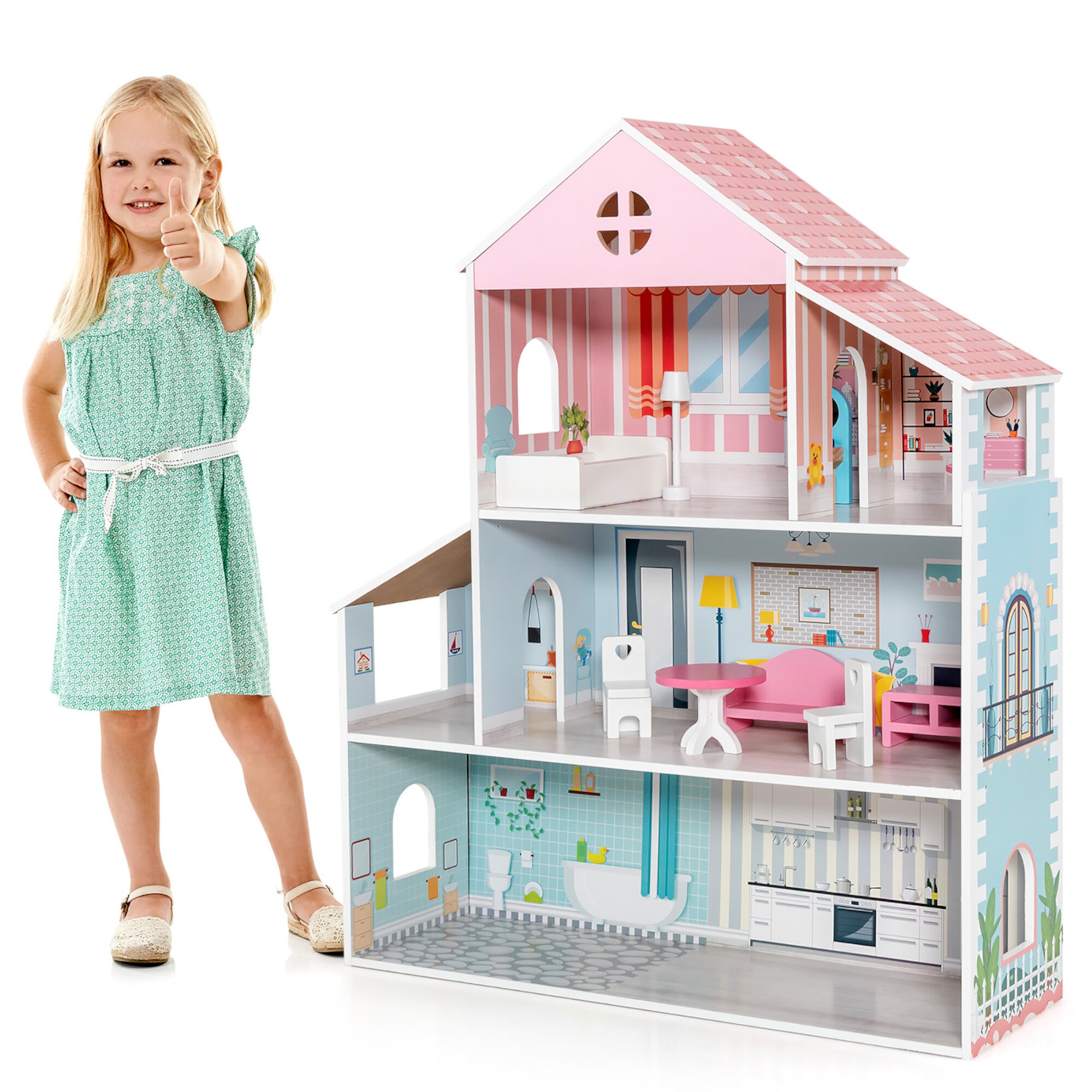 Costway Wooden Dollhouse For Kids 3-Tier Toddler Doll House W/Furniture Gift For Age 3+ Costway