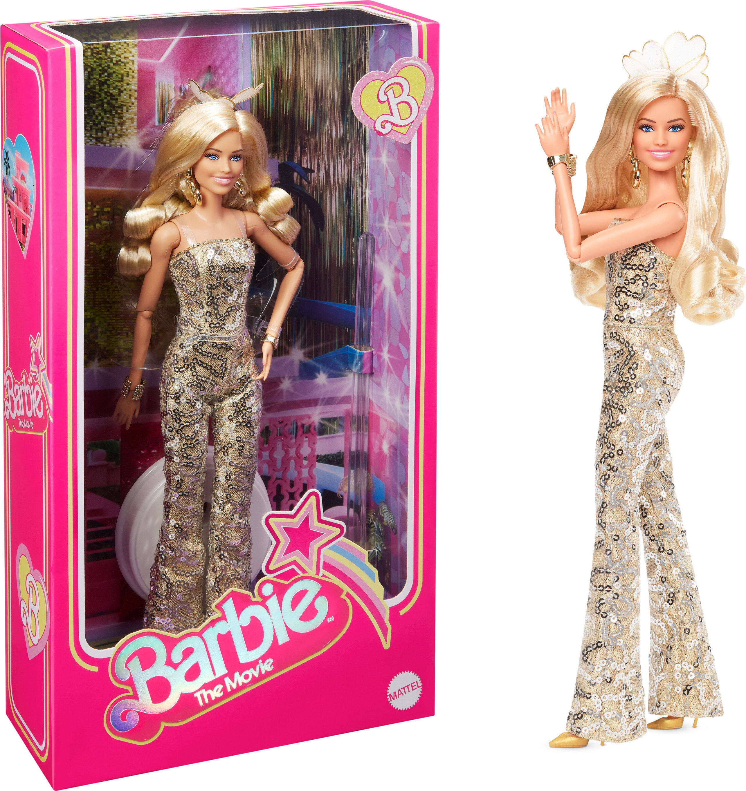 Barbie The Movie Collectible Doll, Margot Robbie as Barbie in Gold Disco Jumpsuit Barbie