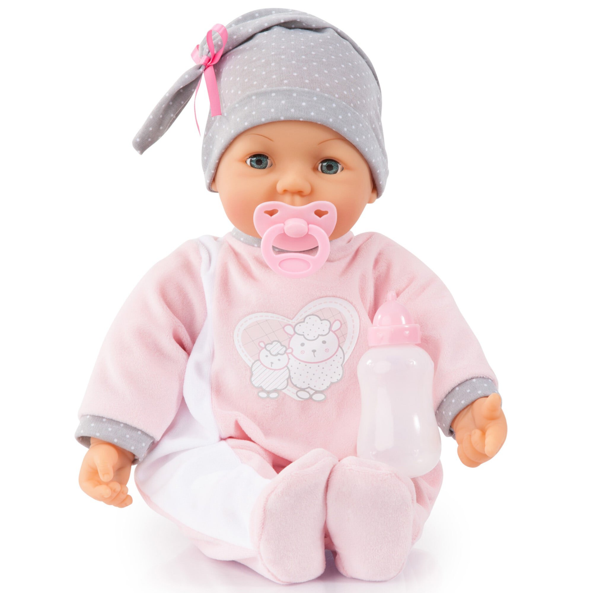 Hello Baby: 18" Baby Doll: Sheep Pink & Grey - 4 Sound Functions, Moving Mouth, Sleeping Eyes, Bottle+Pacifier, Ages 3+ Bayer Design