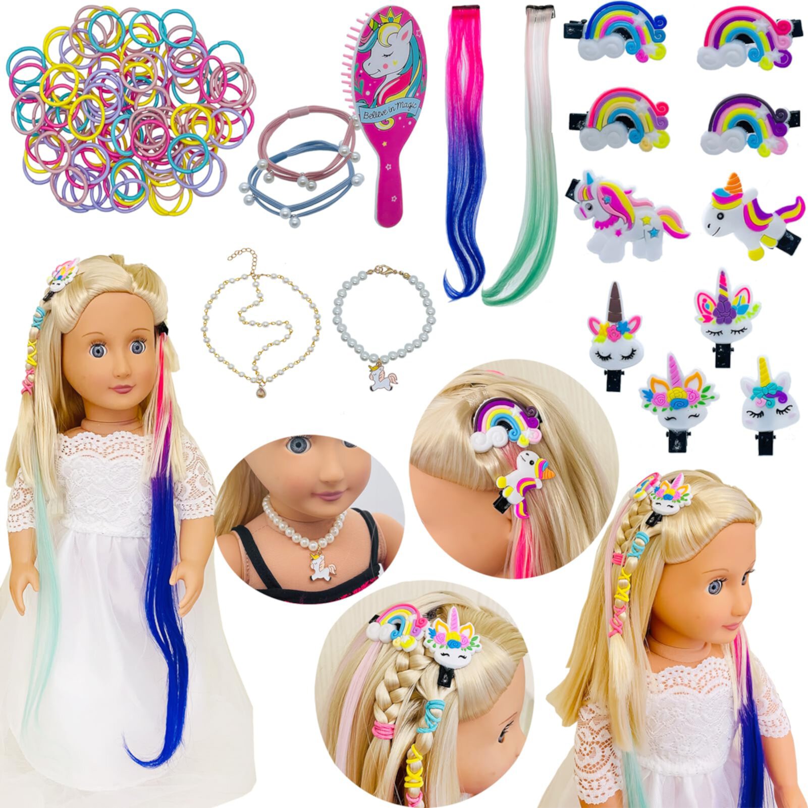 SAIBURAZ 18 inch Doll Hair Accessories for American OG Girl Doll Hair Brush Rainbown Unicorn Kit Accessories Doll Hair Styling Head for Girls Gifts（No Doll） Generic