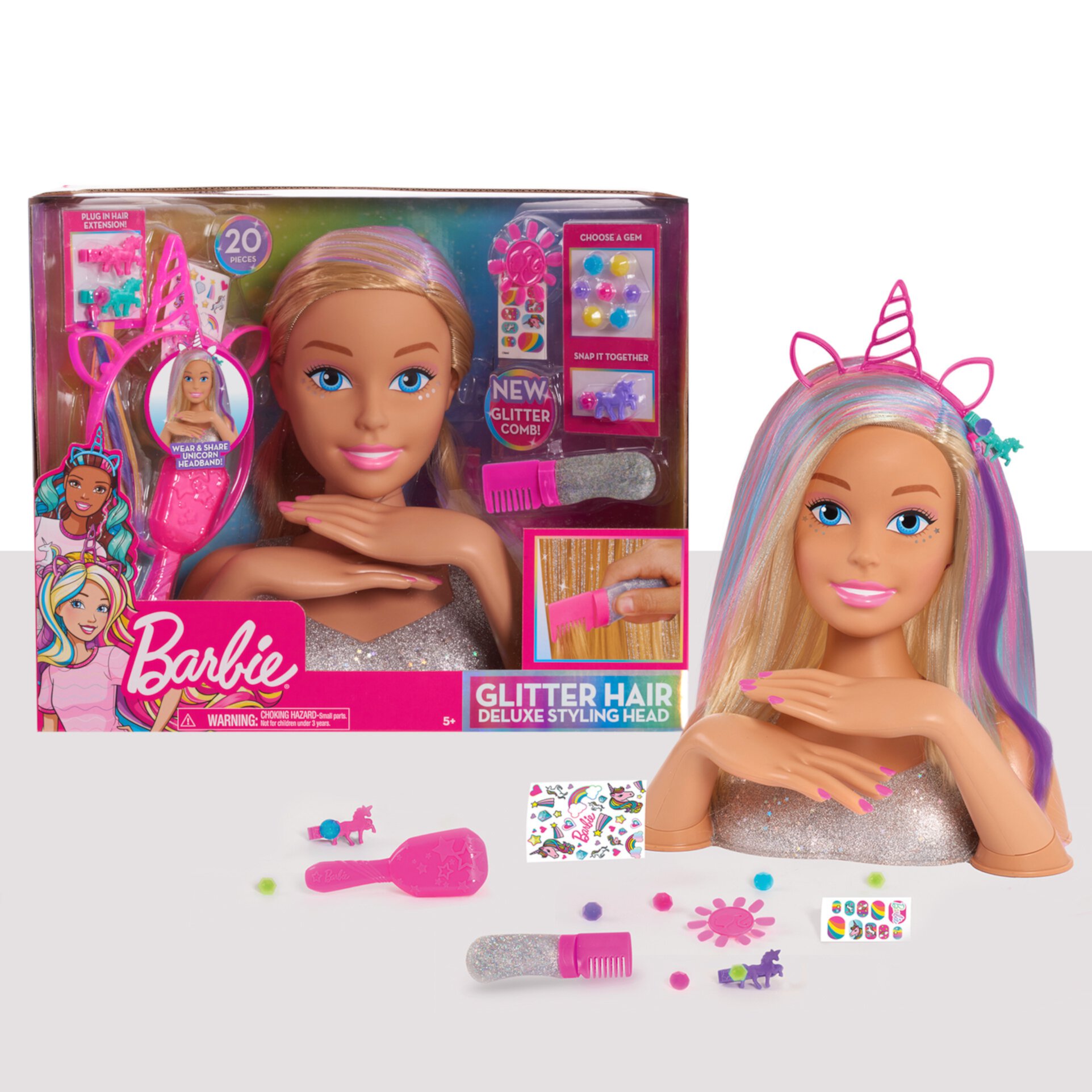 Barbie Deluxe 20-Piece Glitter and Go Styling Head, Blonde Hair and Unicorn Headband,  Kids Toys for Ages 5 Up, Gifts and Presents Barbie