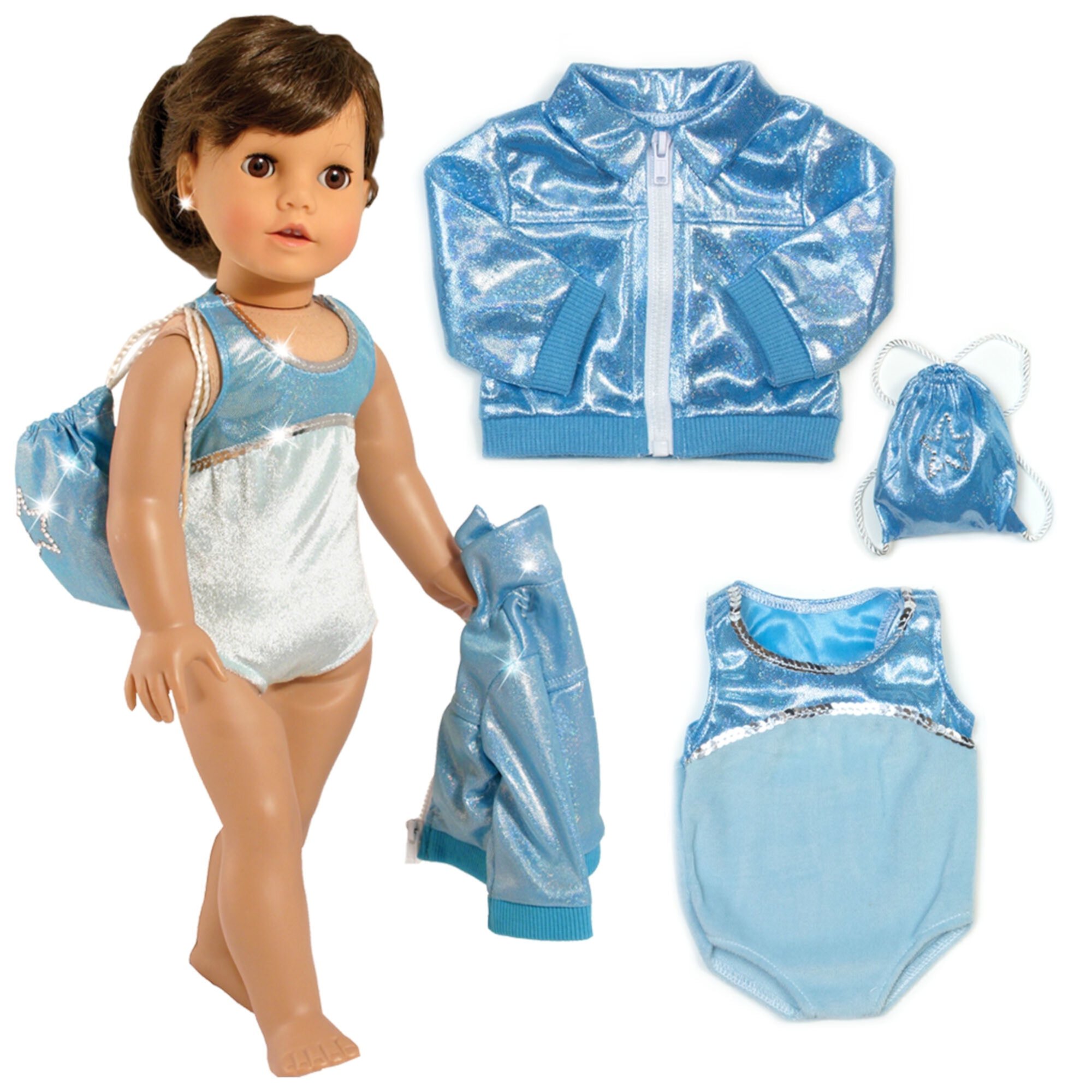 Sophia's 3 pcs Gymnastics Set with Leotard, Jacket, and Drawstring Bag for 18'' Dolls, Aqua Sophia's