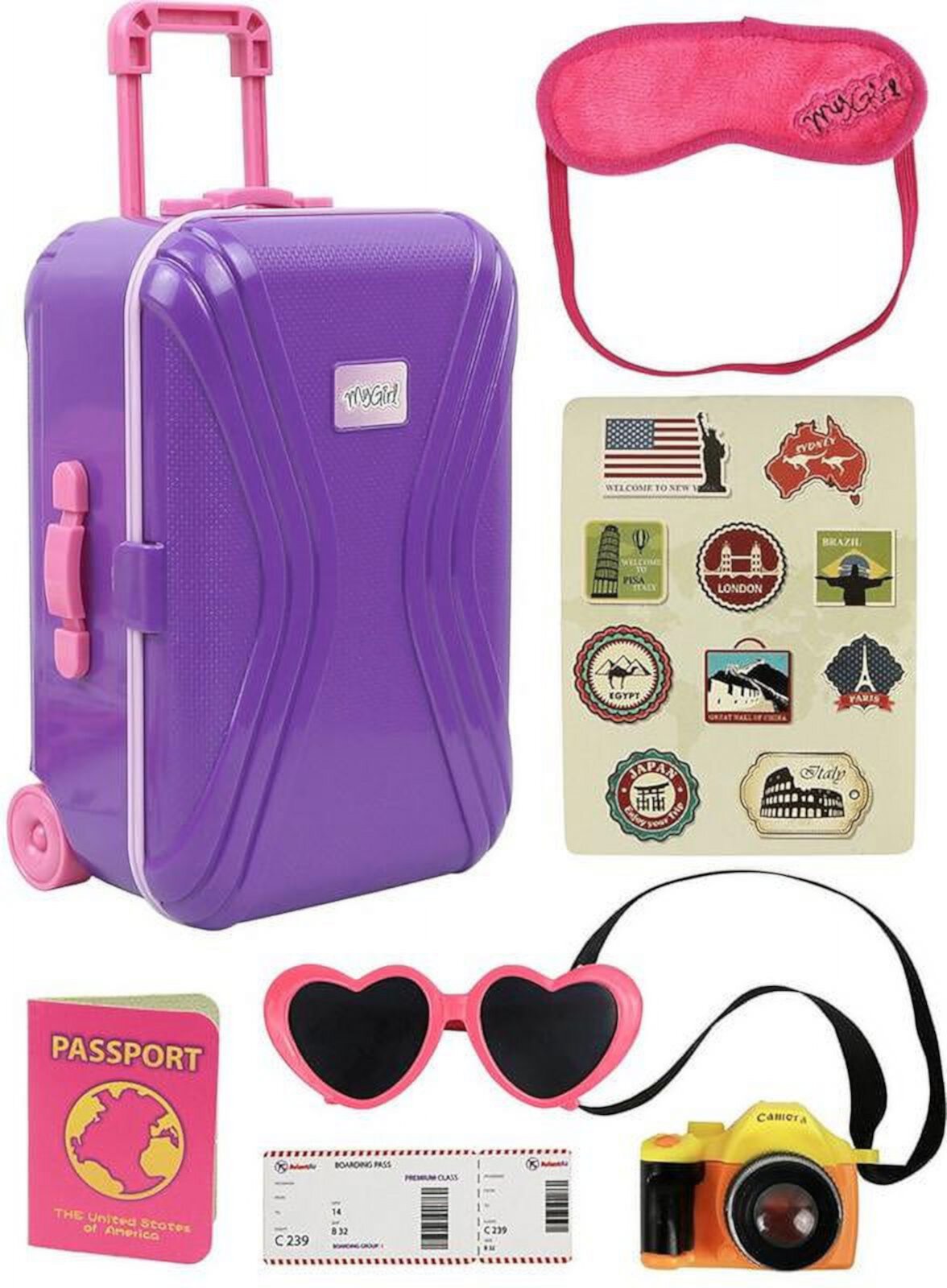 Click N’ Play 18” Doll Travel Carry On Suitcase Luggage 7 Piece Set With Travel Gear Accessories, Perfect for 18” inch Dolls. Click N' Play