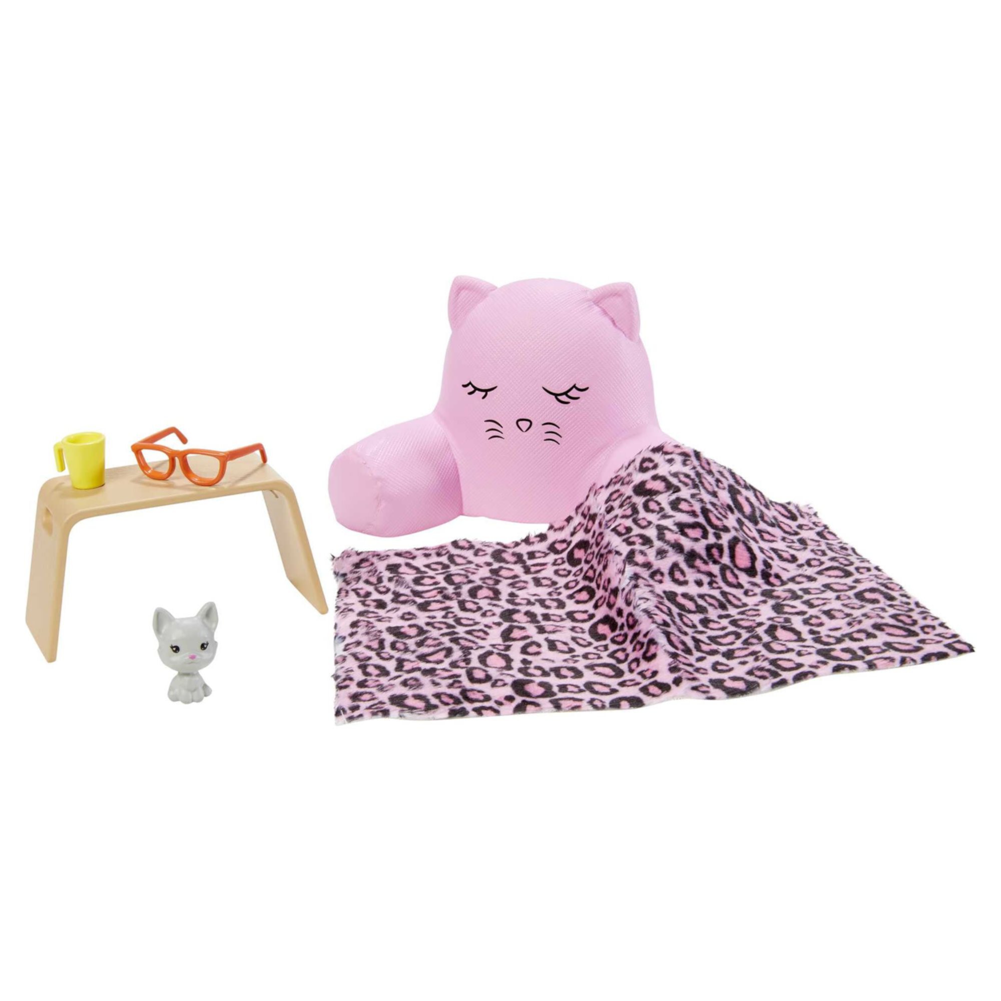 Barbie Doll Lounge Accessory Pack with 6 Pieces, Cozy Pillow, Blanket, Pet Cat & More, Multicolor Barbie