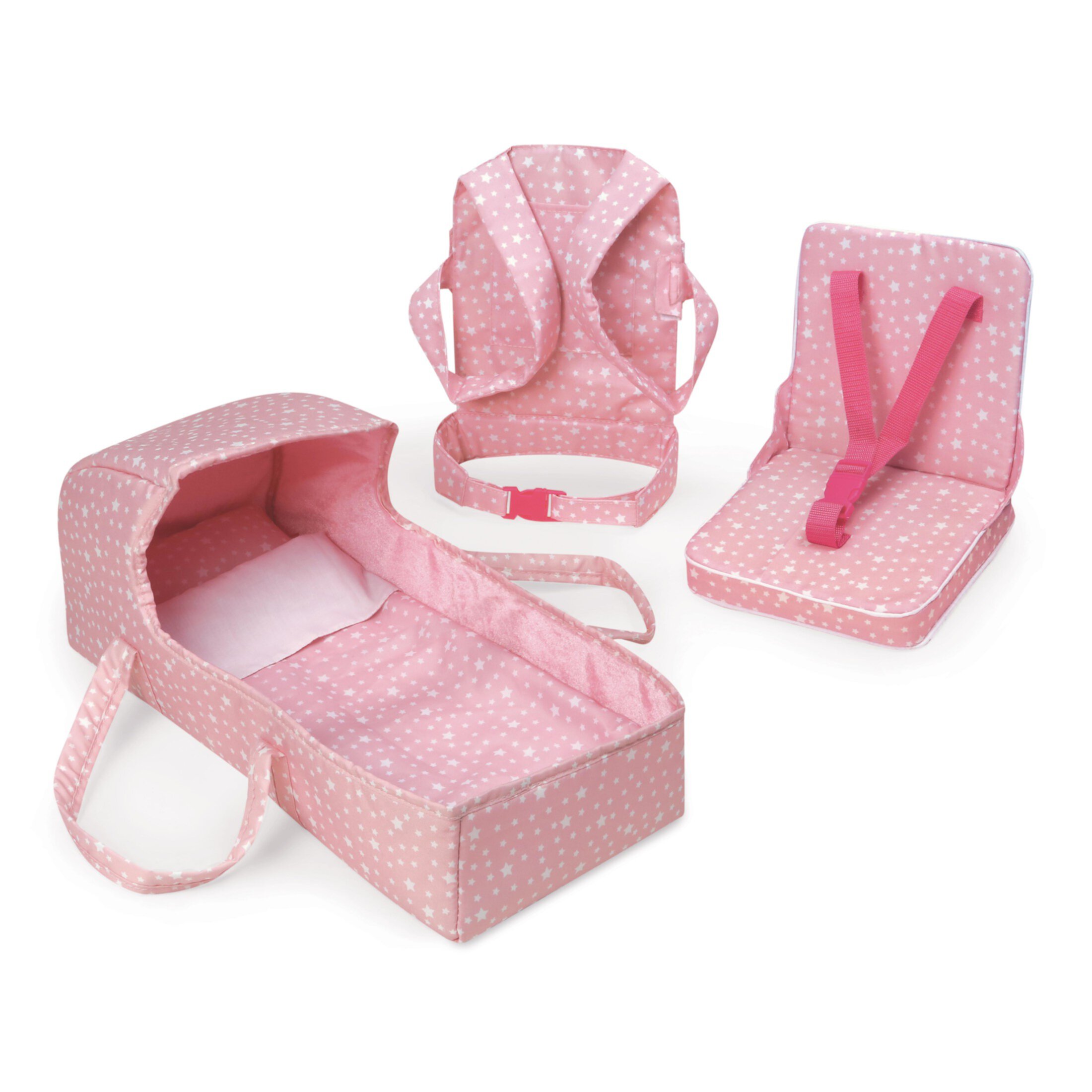 Badger Basket On-the-Go Set with Doll Booster Seat, Travel Bed & Carrier for 18 inch Dolls - Pink Badger Basket