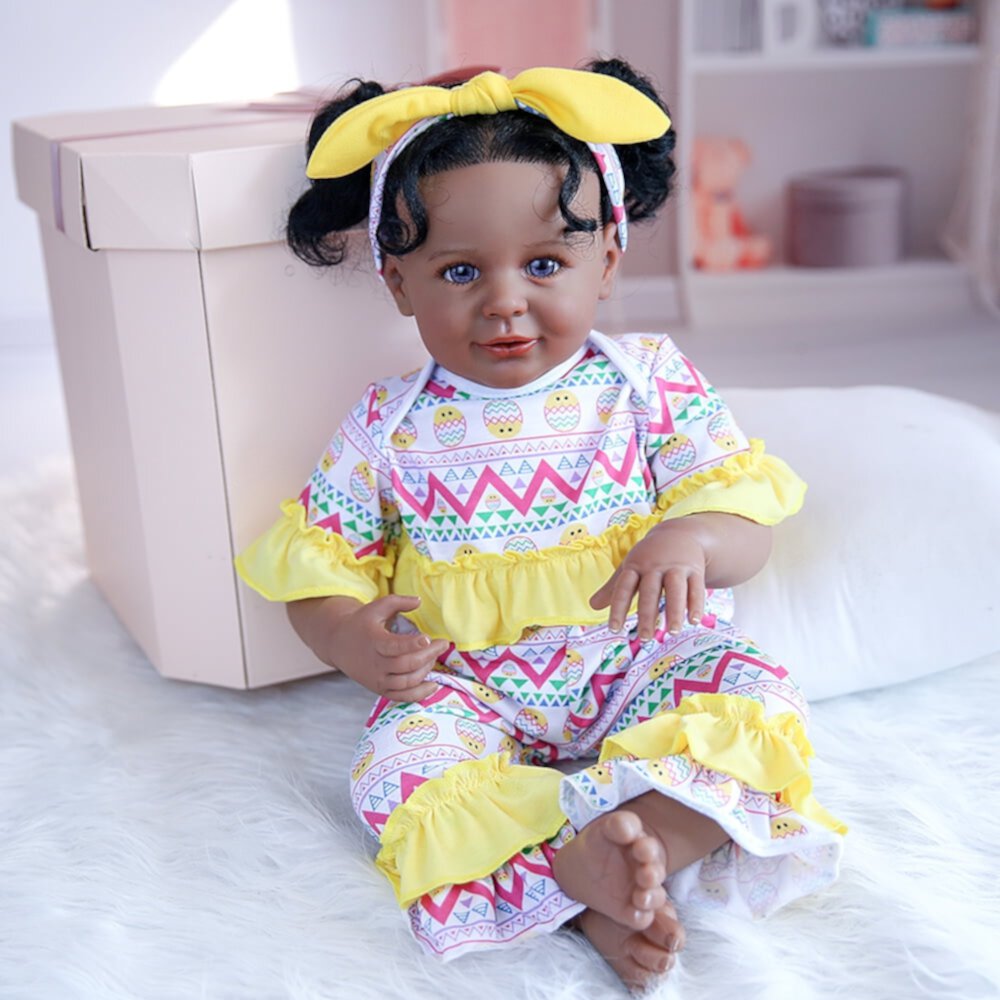 Takanini Reborn Baby Dolls Black Skin 24 Inch Realistic Soft Body Gray Eyes Clothes Handmade Girl Doll and Toy Accessories Gift for Kids Age 3+ Takanini