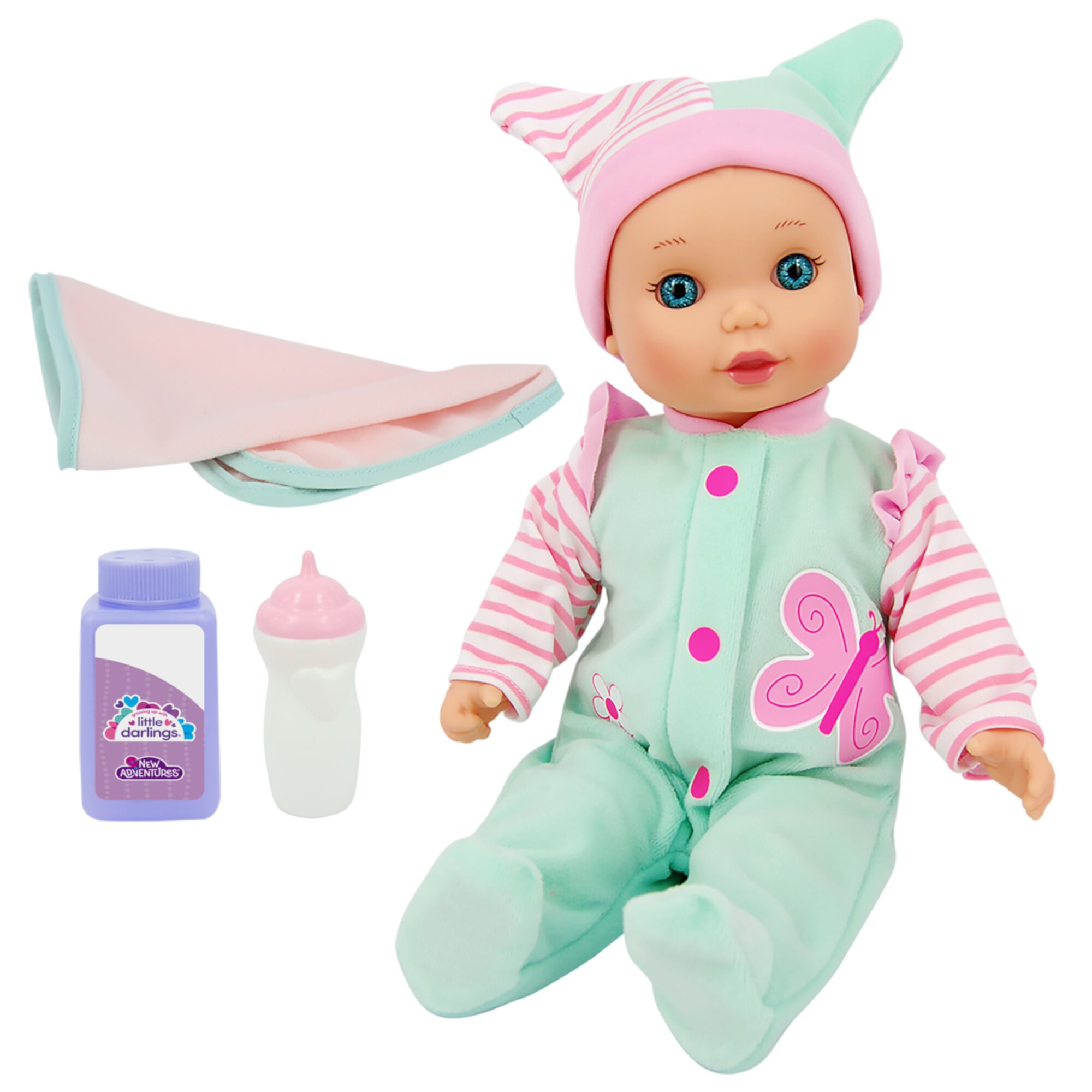 Little Darlings: 12" My First Baby - Green Pink Butterfly, Baby Doll Set w/ Accessories, Bottles & Blanket, Ages 2+ Little Darlings