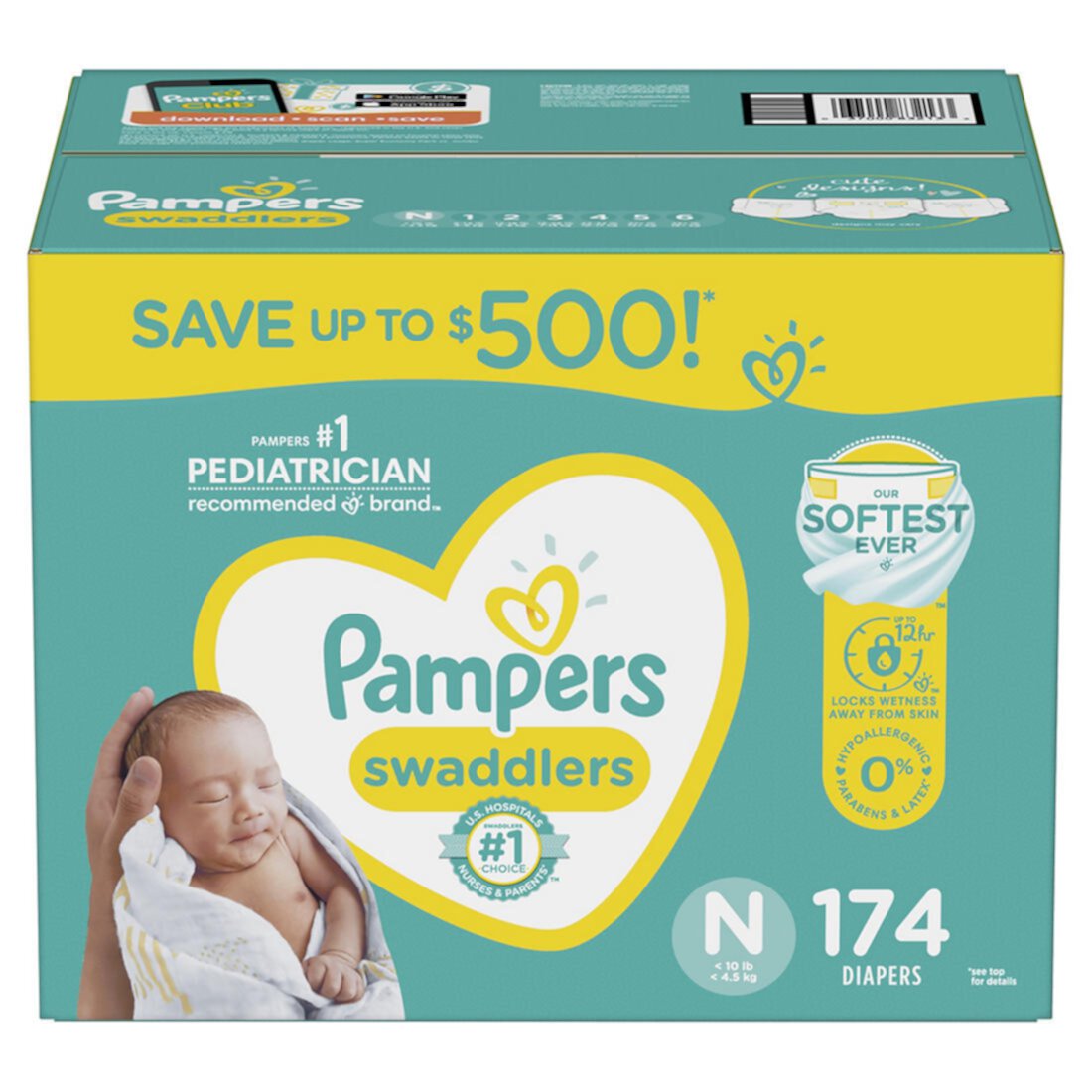 Pampers Swaddlers Diapers, Size N (Newborn up to first weeks), 174 pieces Pampers