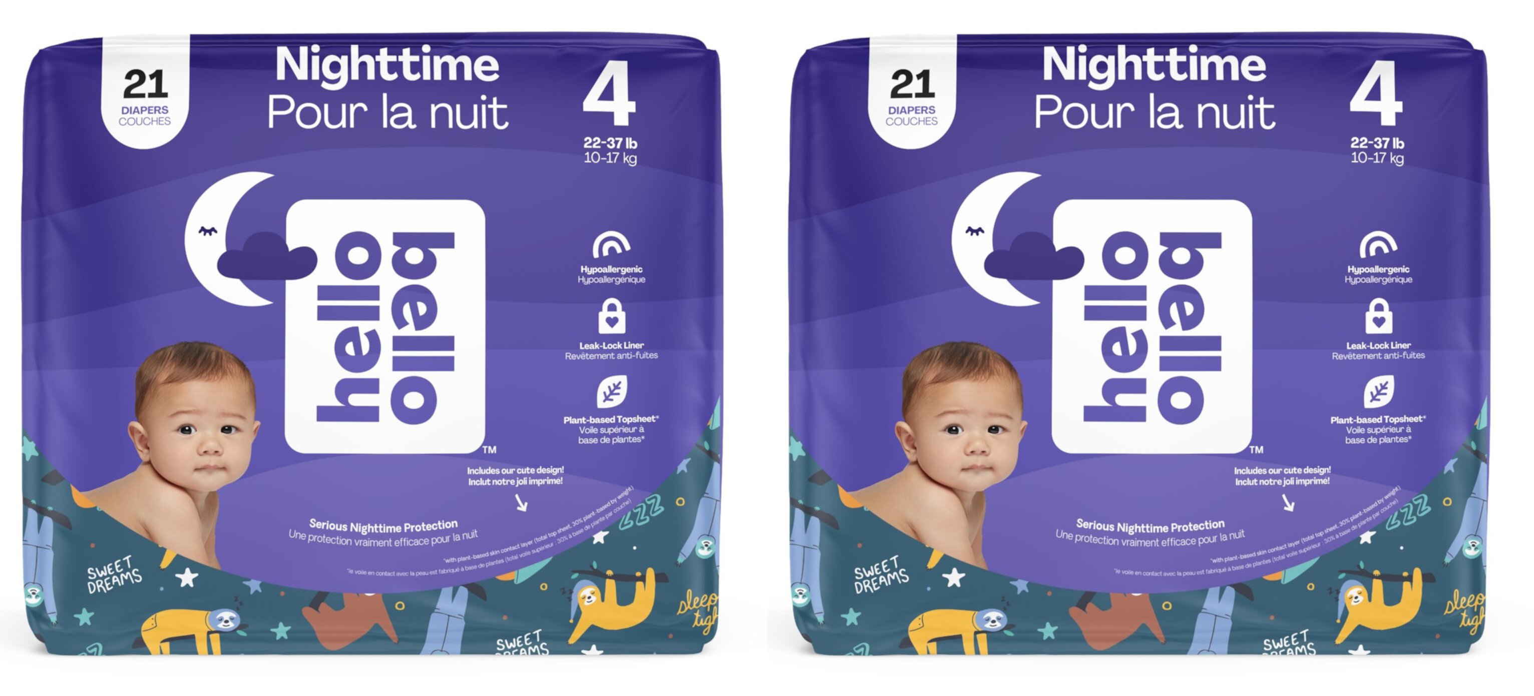 (2 Pack)Hello Bello Premium Gender Neutral Overnight Baby Diapers I Affordable Hypoallergenic and Eco-Friendly Extra Absorbent Diapers for Babies and Kids at Night I Size 4 I Snoozy Sloths I 21 Count Hello Bello