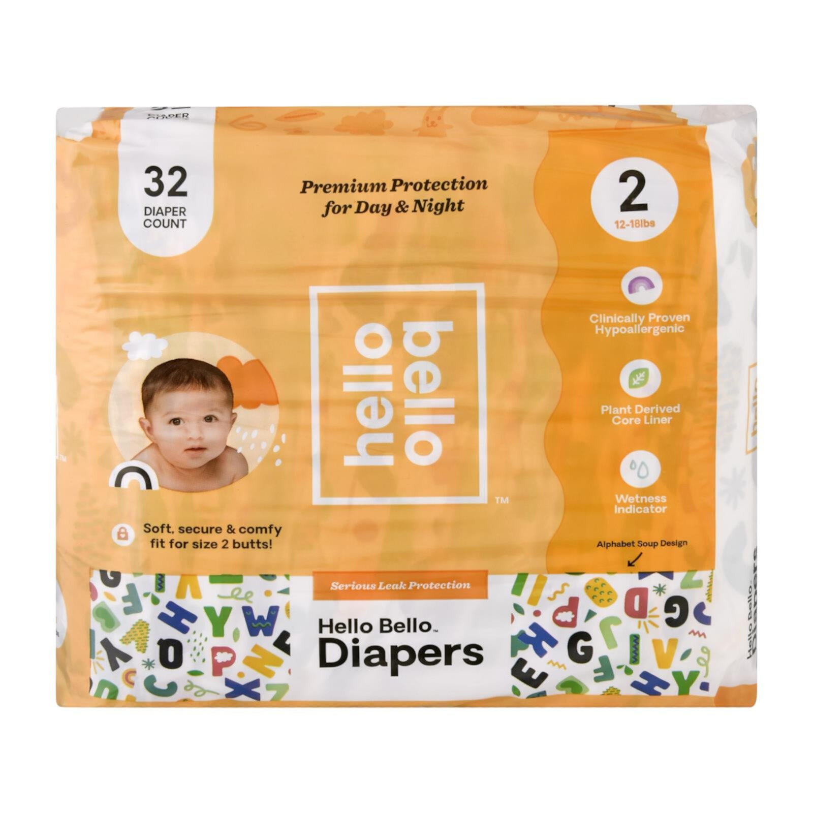 Hello Bello Premium Baby Diapers, Alphabet Soup Designs, Infant Size 2, 32 Count Hello Bello