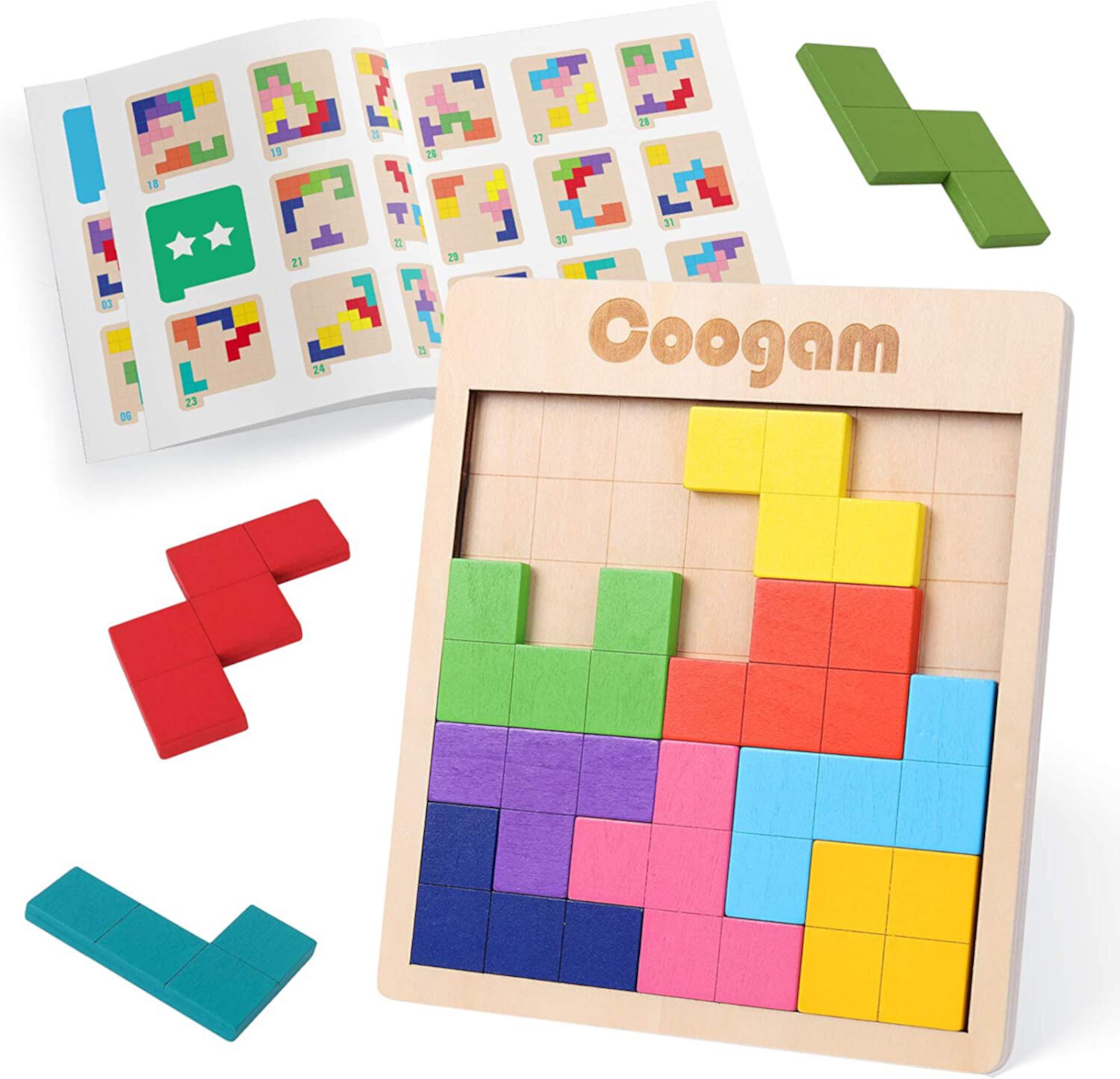 Coogam Wooden Puzzle Pattern Blocks Brain Teasers Game with 60 Challenges, 3D Russian Building Toy Wood Tangram Shape Jigsaw Puzzles Montessori STEM Educational Toys Gift for Kids Adults Coogam