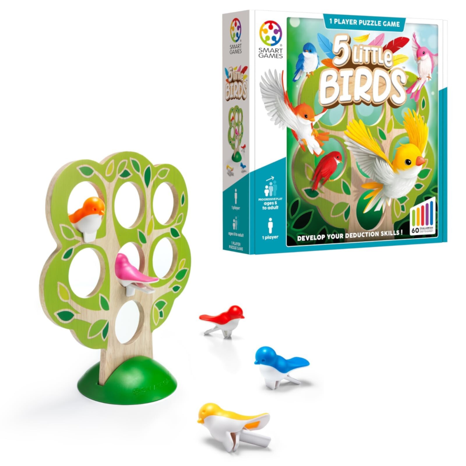 SmartGames 5 Little Birds Wooden Deduction Game for Ages 5 - Adult with 60 Challenges SmartGames