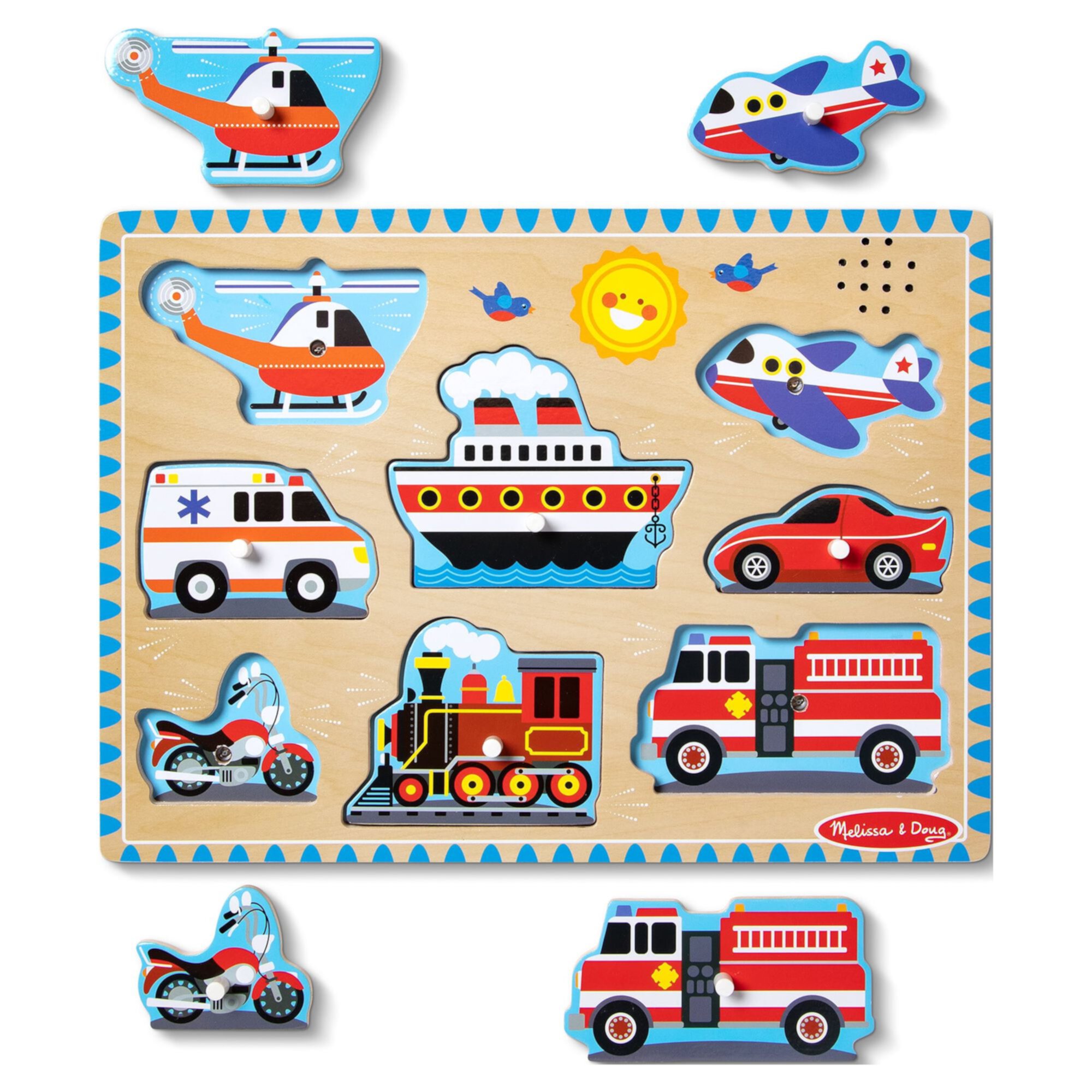 Melissa & Doug Vehicles Sound Puzzle - Wooden Peg Puzzle With Sound Effects (8 Pcs) Melissa & Doug