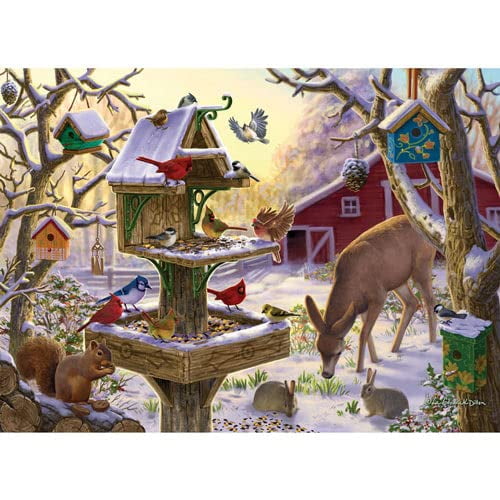 Bits and Pieces - 50 Piece Big Piece Jigsaw Puzzle for Seniors - 15" x 19" - Sunrise Feasting - 50 pc Winter Barn Deer Large Lettered Pieces Mental & Physical Dexterity Jigsaw by Liz Goodrick-Dillon Bits and Pieces