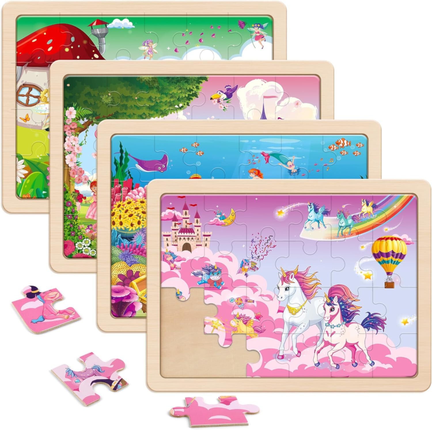 SYNARRY Wooden Puzzles for Kids Ages 3-5, 4 Packs 24 PCs Jigsaw Puzzles Preschool Princess  Mermaid Toys Gifts for Children, Wood Puzzles for 3 4 5 6 Year Old Girls SYNARRY