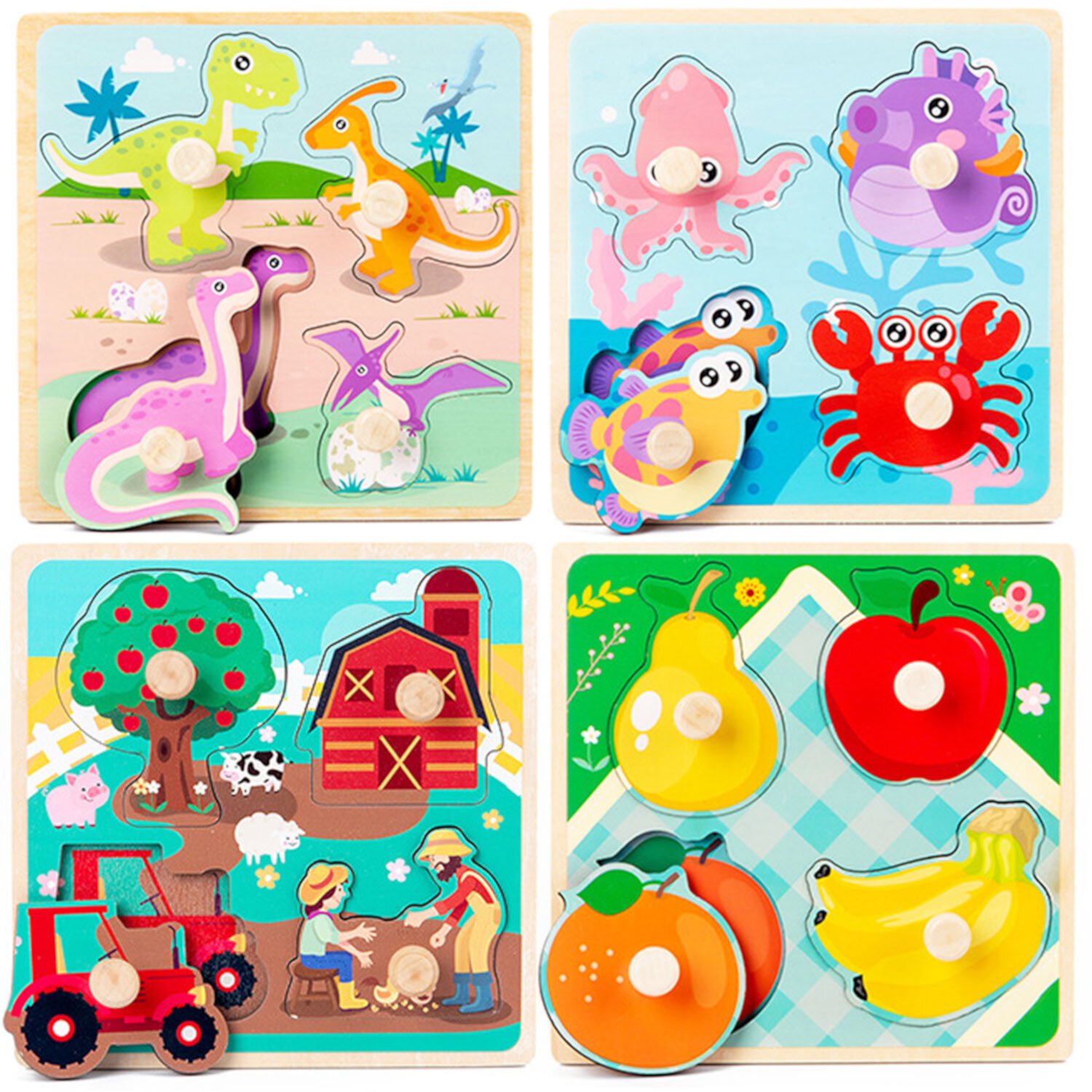 Puzzles for Kids, Wooden Peg Puzzles for Toddlers 2 3 4 Years Old, 4 Pcs Montessori Educational Learning Puzzles Set - Dinosaur, Farm, Sea Animal and Fruit Sytle-Carry