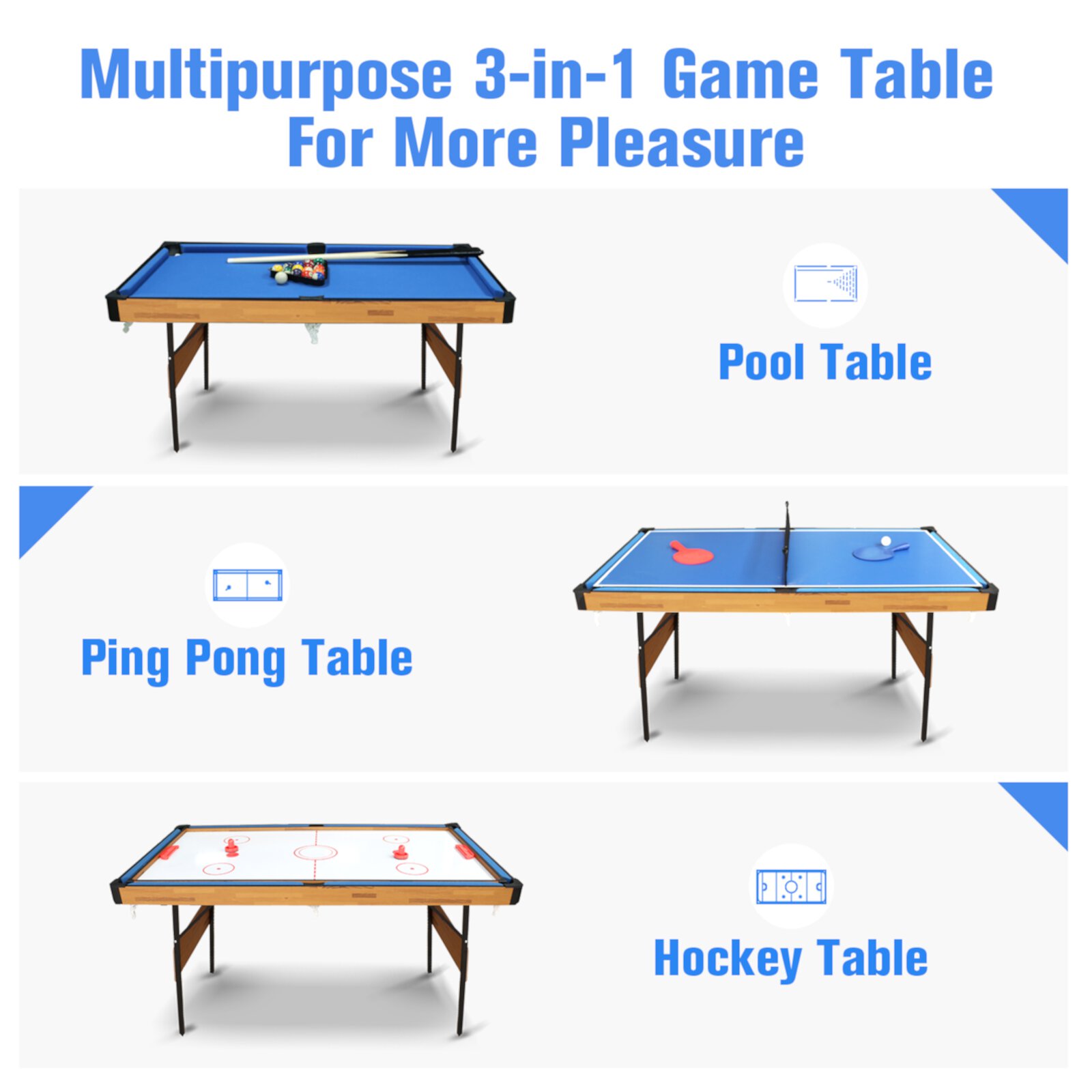 RoamReady 55Inch 3 in 1 Combo Game Table, Folding Pool Table/Billiard Table, Hockey Table, Table Tennis Table with All Accessories RoamReady