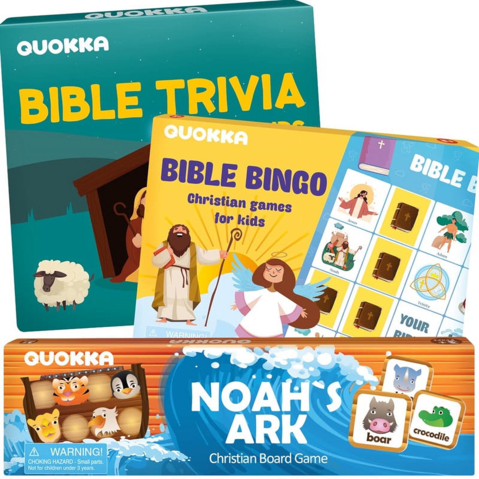 QUOKKA 3X Set Bible Games for Kids 4-6 - Board Bingo Game - Bible Trivia for Family - Noah Ark Toy QUOKKA