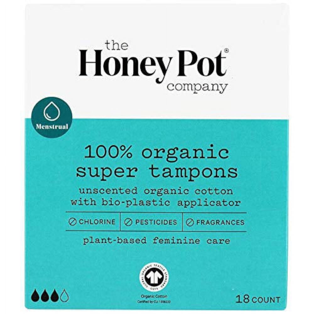 The Honey Pot 100% Organic Super Tampons, Unscented Organic Cotton with bio-Plastic applicator, 18 Ea, 2 Pack The Honey Pot Company