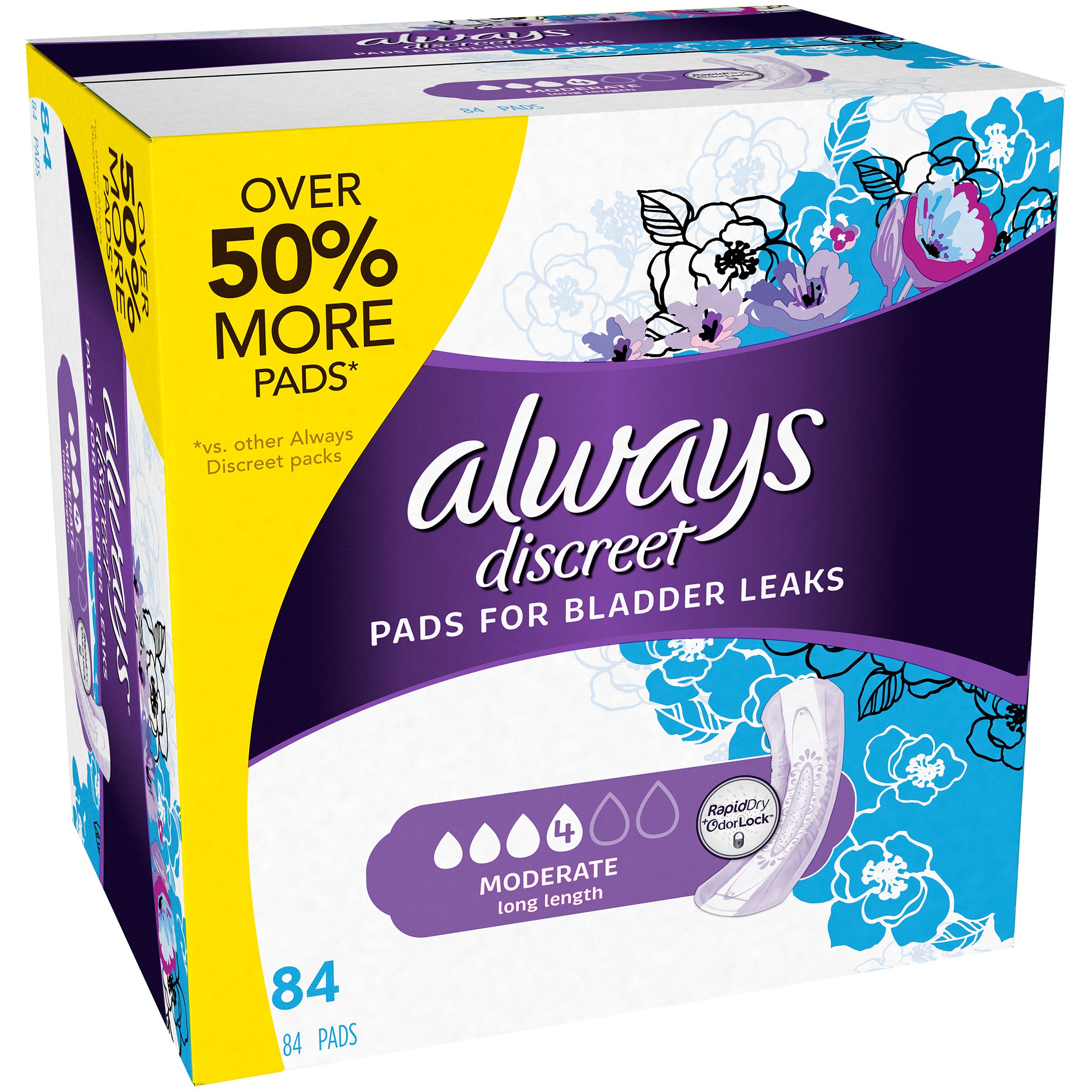 Always Discreet, Incontinence Pads, Moderate, Long Length, 84 Count Always Discreet