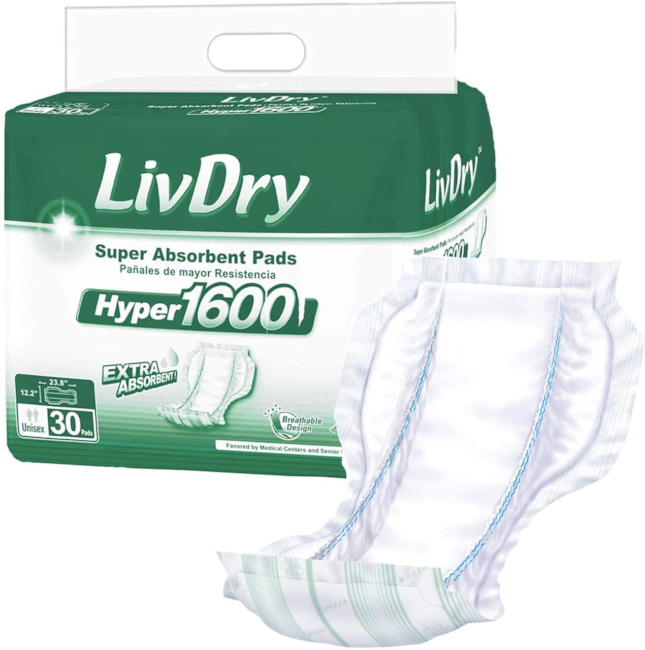 LivDry Unisex Incontinence Pad Insert | Absorbency + Odor Control (Hyper 1600, 30-Pack) LivDry