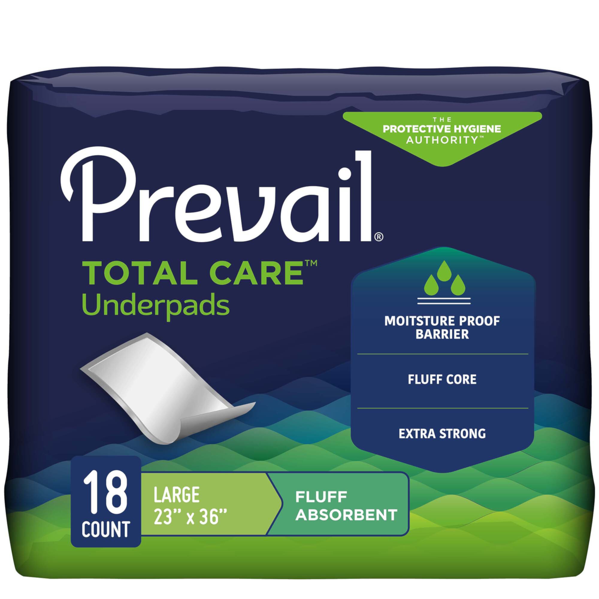 Prevail Total Care Underpads, Incontinence, Disposable, Fluff Absorbent, 23 in x 36 in, 18 Ct Prevail