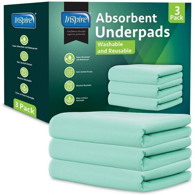 Inspire Washable and Reusable Incontinence Bed Pads 3 Pack Waterproof Mattress Pad Chux Pads (18" x 24") Inspire