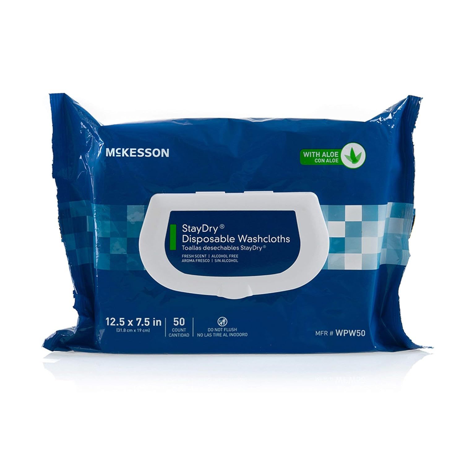 McKesson StayDry Disposable Wipes or Washcloths for Adults with Aloe, Incontinence, Alcohol-Free, Not-Flushable, 50 Wipes, 6 Packs, 300 Total Mckesson