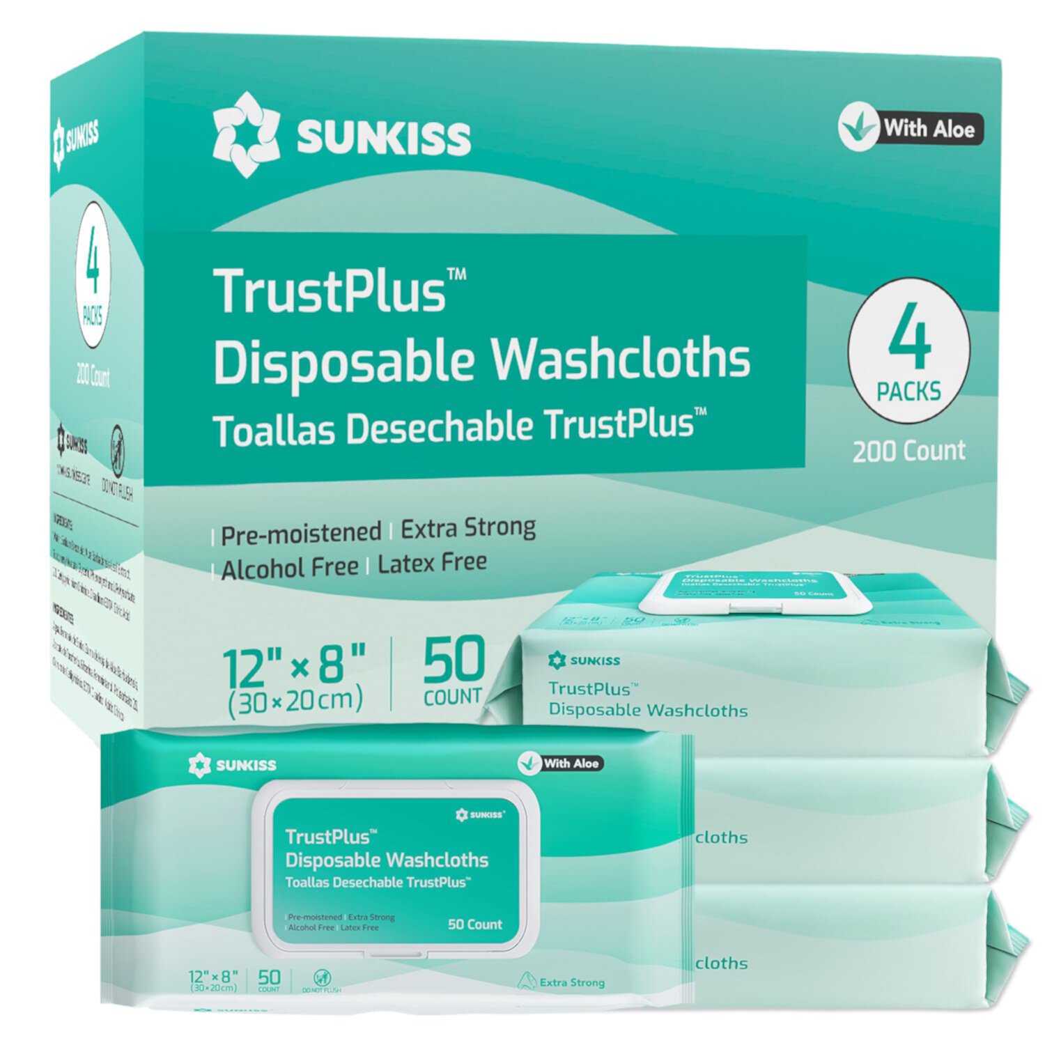 SUNKISS Trustplus Wet Wipes for Adult, Extra Thick 8â€x12â€ Body Cleaning Wipes with Aloe for Elderly Incontinence & Cleansing, 200 Count (4 Packs of 50) SUNKISS