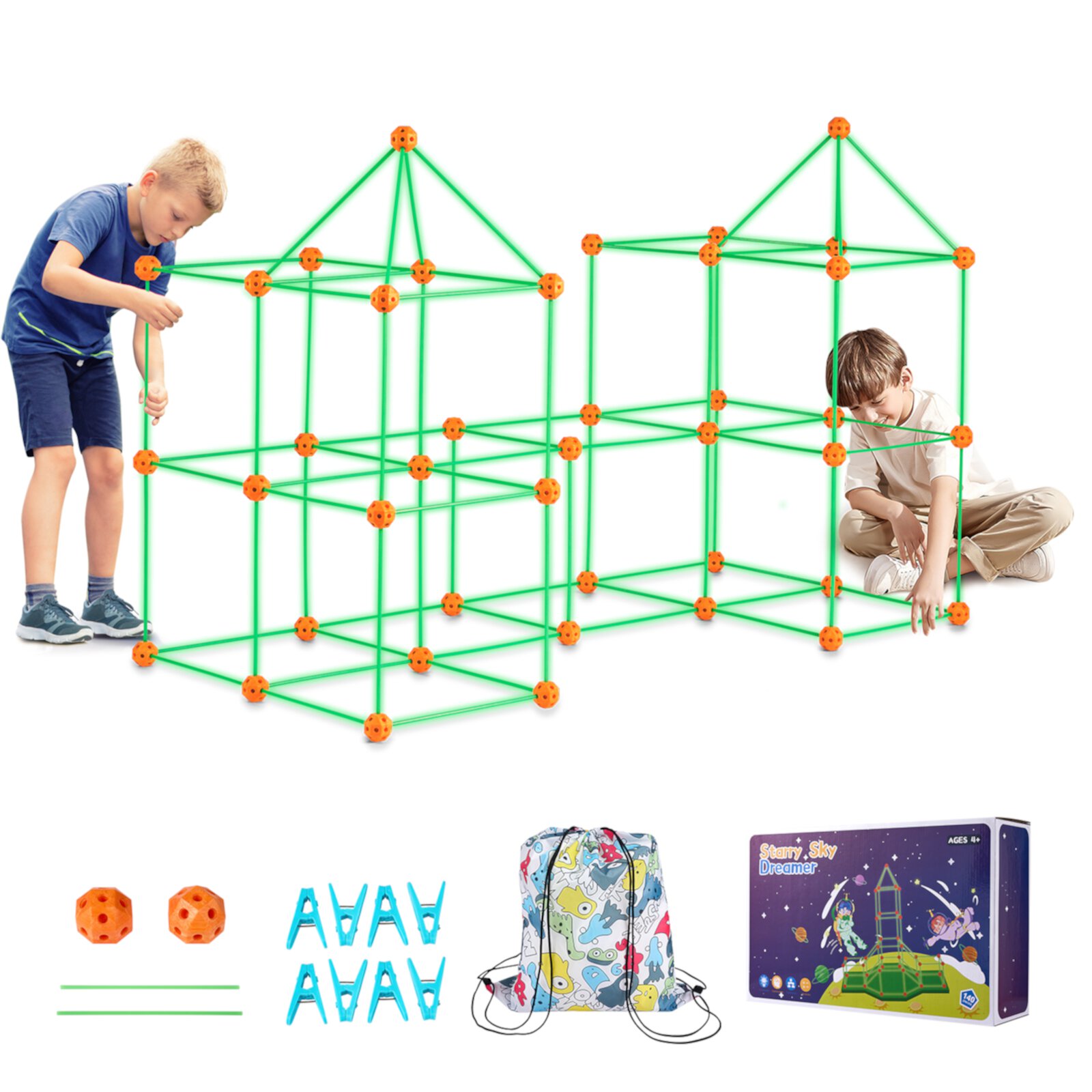 SKYSHALO Kids' Construction Playset, 180PCS STEM Fort Kit, Ideal for Children Aged 4-8, Encourages Creative Indoor & Outdoor Play, Includes 120 Connectable Sticks and 60 Balls, Perfect Gift SKYSHALO