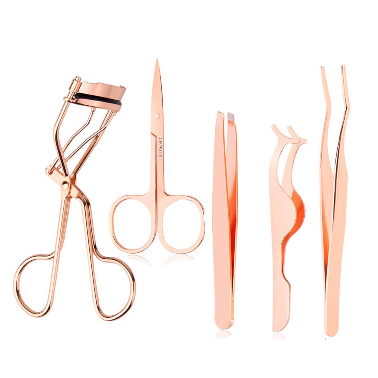 Arroyner 5Pcs Eyelash Applicator Tool Curved Lash Curler Clip Eyebrow Scissors Eyelash Tweezers False Eyelashes Pasting Tool (Rose Gold) Arroyner