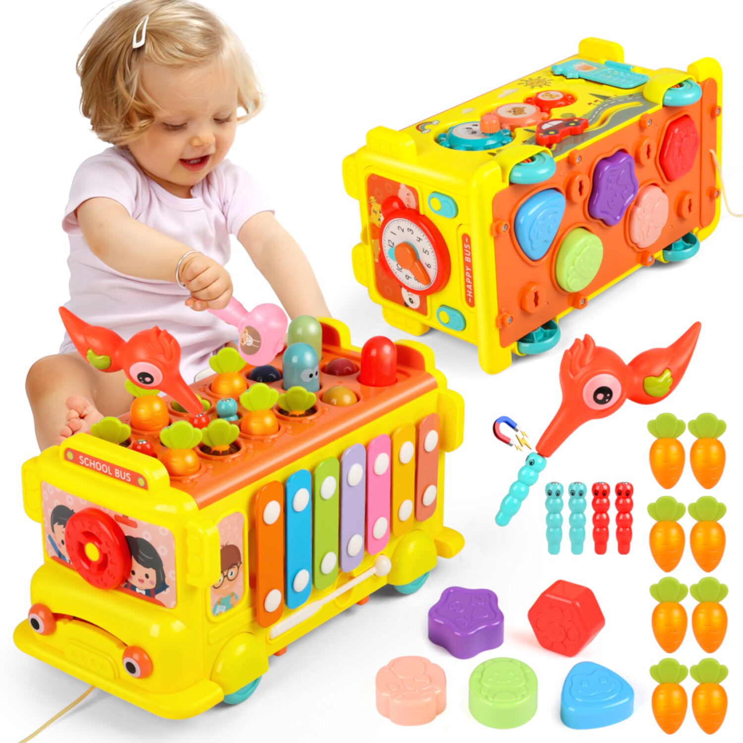 Hope Rock Baby Montessori Learning Toys, 9 in 1 Music Activity Bus Baby Toys, Toddler Education Learn Car, Interactive Game, Birthday Gift for Kids Boys Girls 1 2 3 4 Years HopeRock