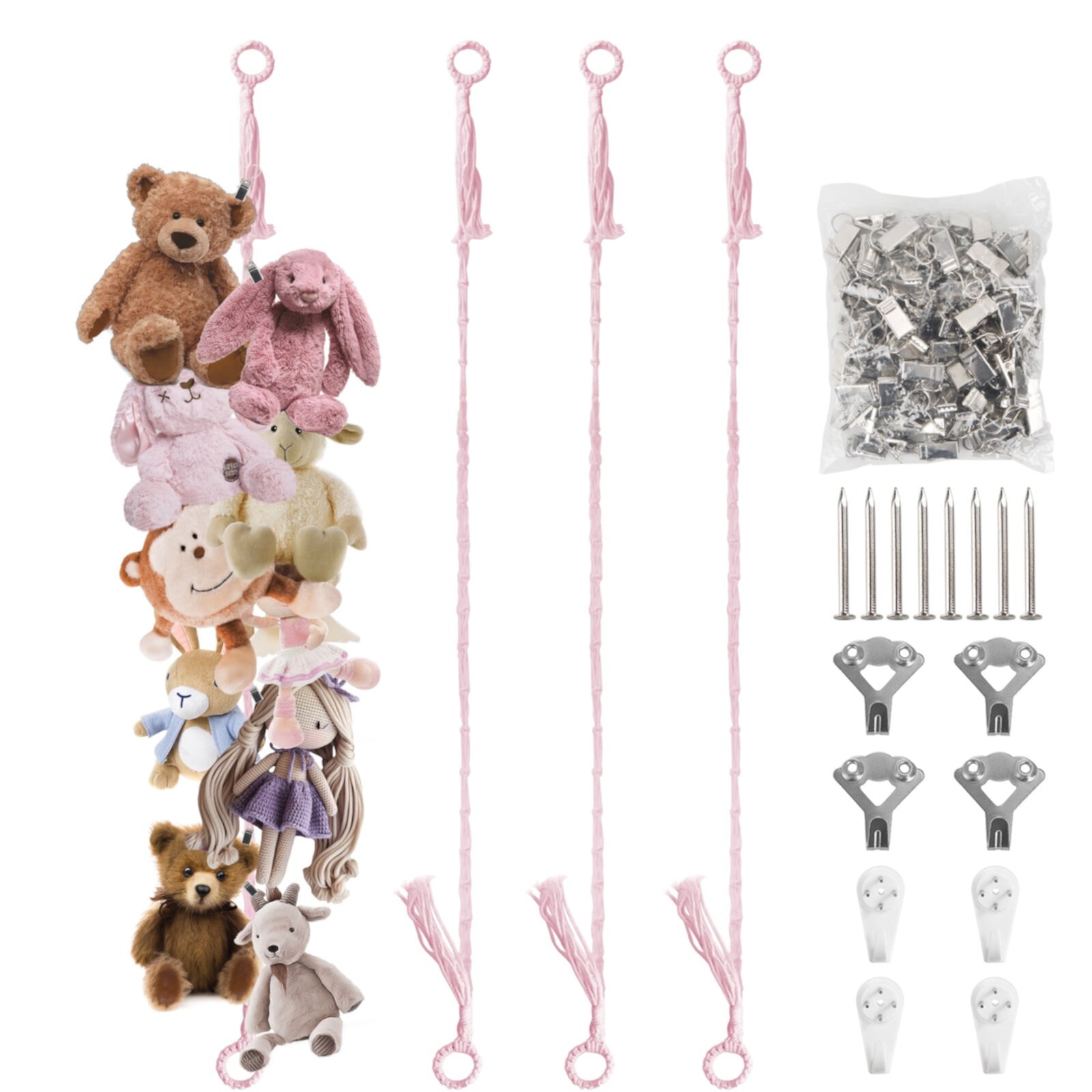 Stuffed Animal Storage Chain 80 Inch, 4pcs Pink Hanging Stuff Animals organizer, Cotton Toy Display Chain with 80 Clips, Toys Organizers Holder for Toddler Kids Nursery Room Wall Corner Decor ZUEXT