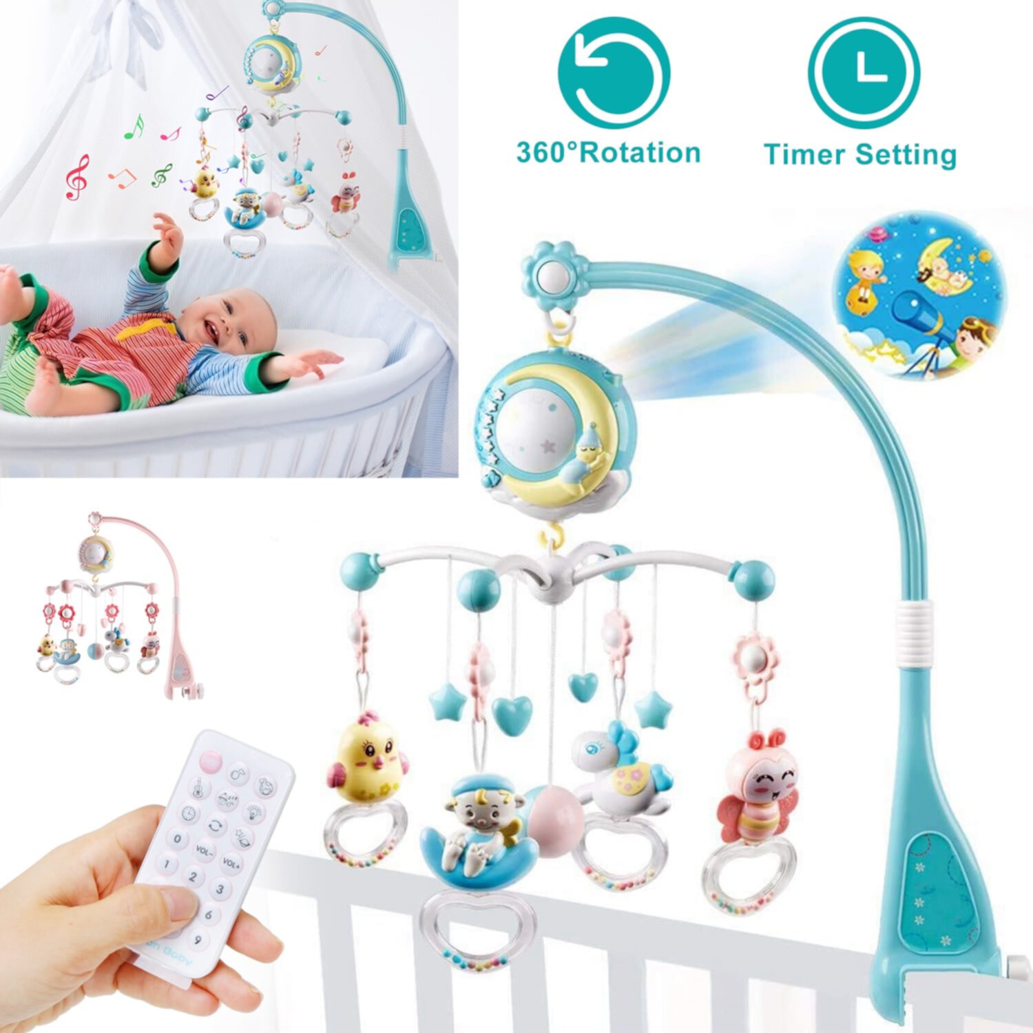 Moclever Baby Musical Crib Bed Bell Rotating Mobile Star Projection Nursery Light Baby Rattle Toy with Music Box Remote Control, Red Xiyztok