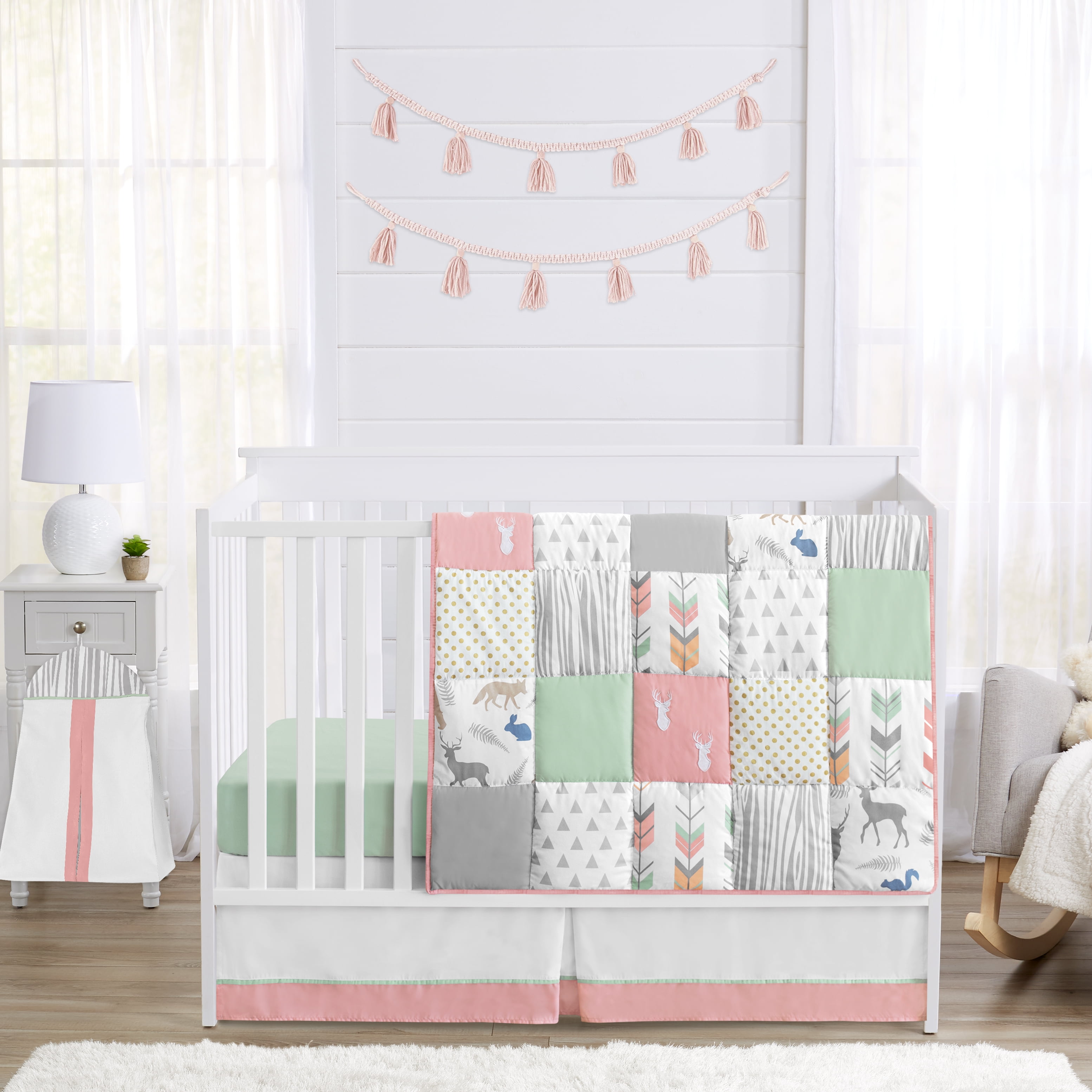 Sweet Jojo Designs Woodsy Coral Green and Grey 4 Piece Crib Bedding Set Sweet Jojo Designs