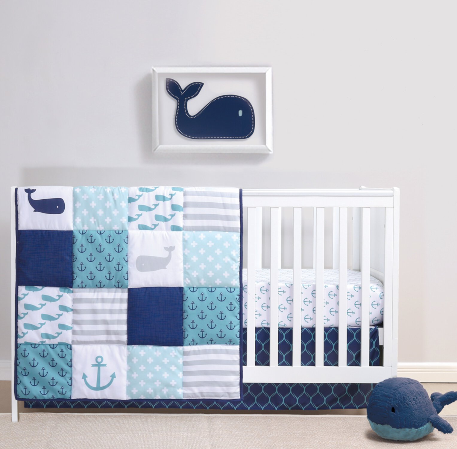 The Peanutshell Nautical Whale Patchwork Crib Bedding Set for Baby Boys, 3 Piece Nursery Set with Quilt, Fitted Crib Sheet, and Dust Ruffle The Peanutshell