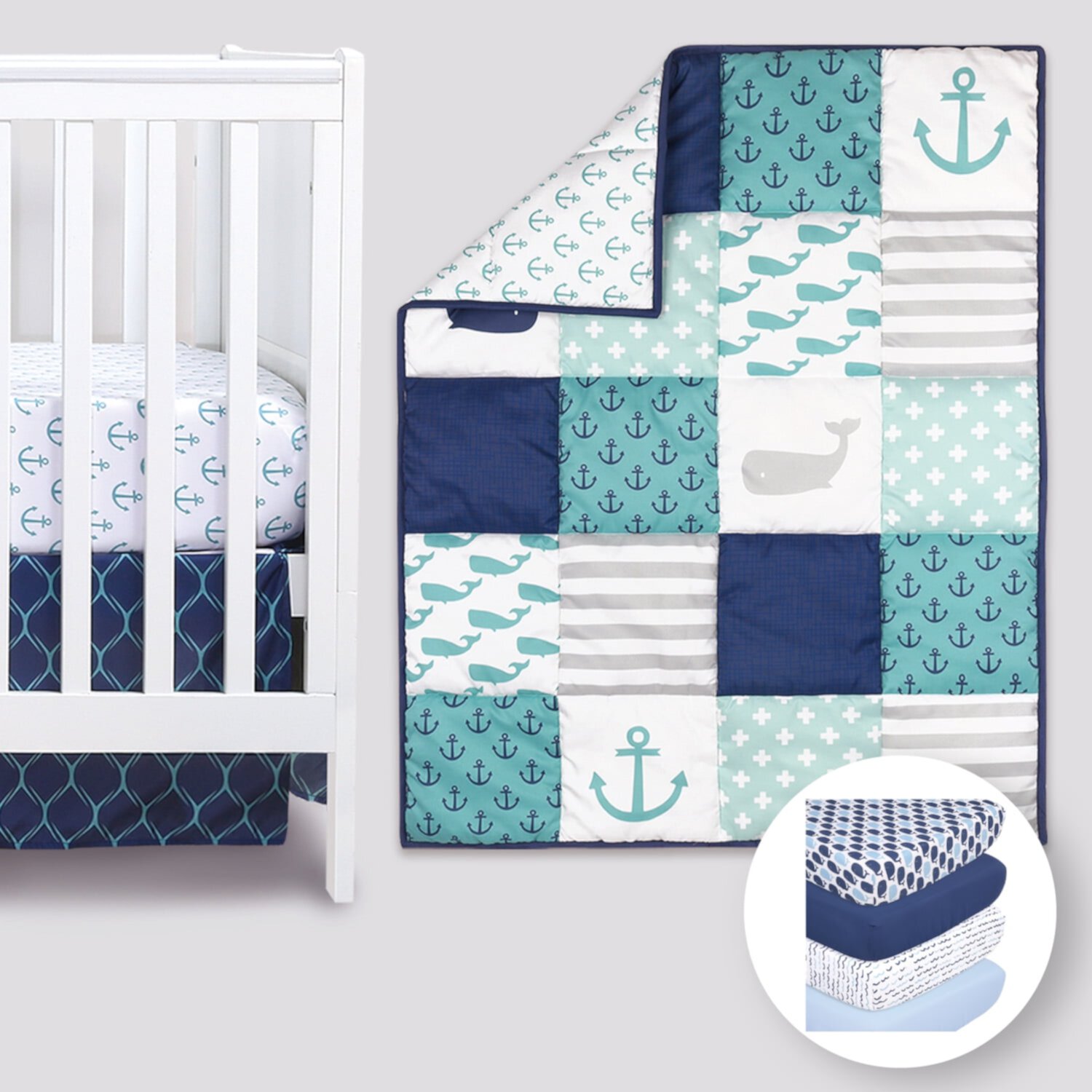 The Peanutshell Nautical Whale Patchwork Crib Bedding Set for Baby Boys, 3 Piece Nursery Set with Quilt, Fitted Crib Sheet, and Dust Ruffle The Peanutshell