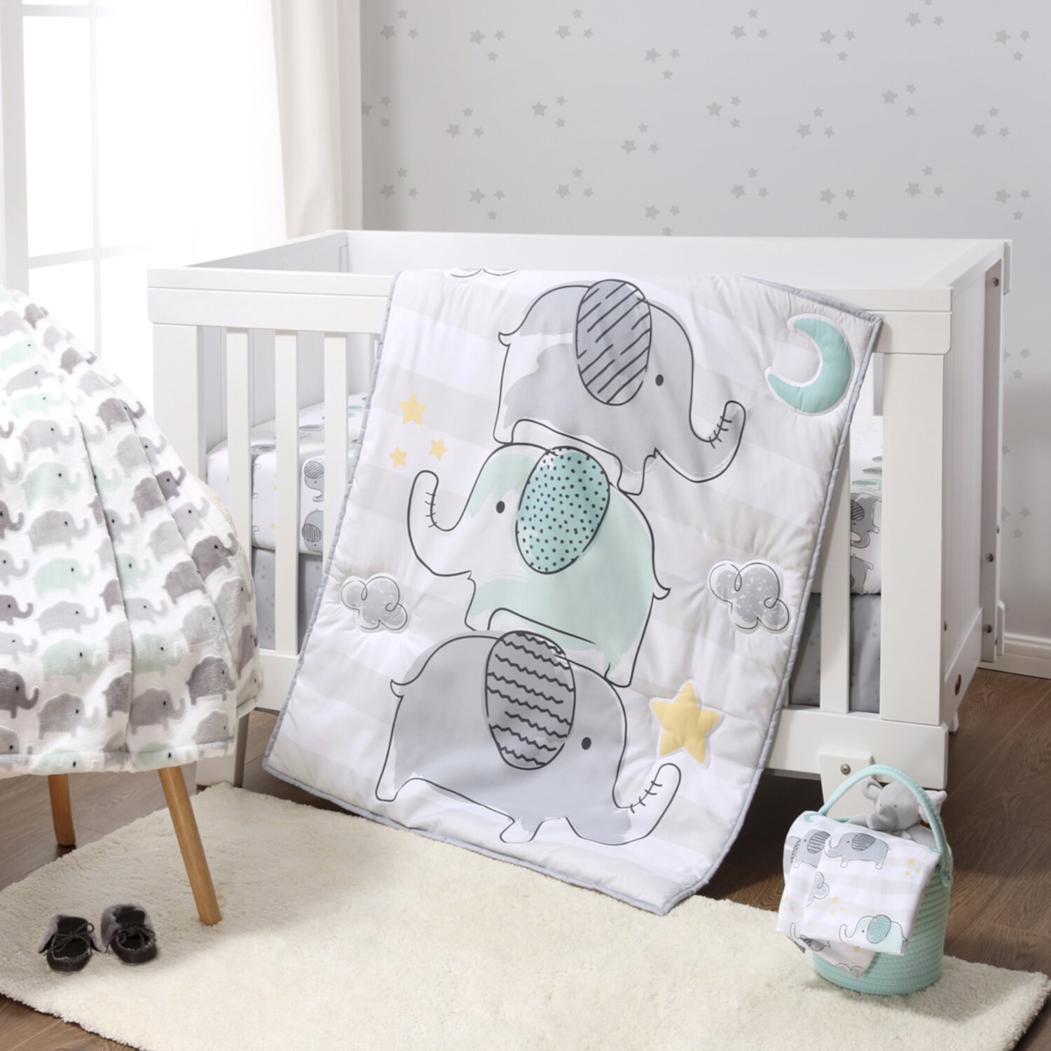 The Peanutshell Grey and Mint Elephant Dreams 5 Piece Crib Bedding Set for Baby Boys or Girls, Nursery Set with Blanket The Peanutshell