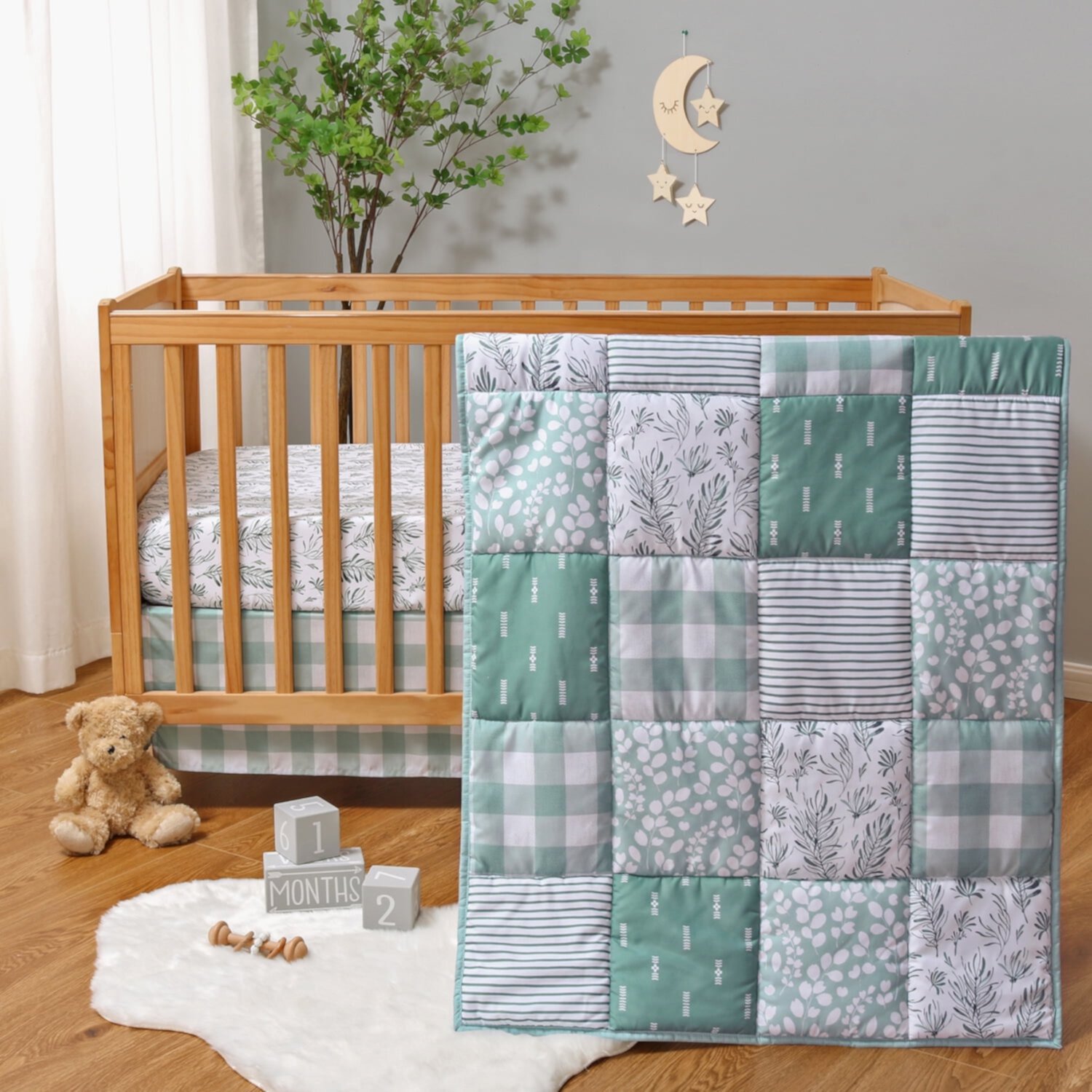 The Peanutshell Nursery Crib Bedding Set for Baby Girls and Boys, Sage, 3 Pieces The Peanutshell